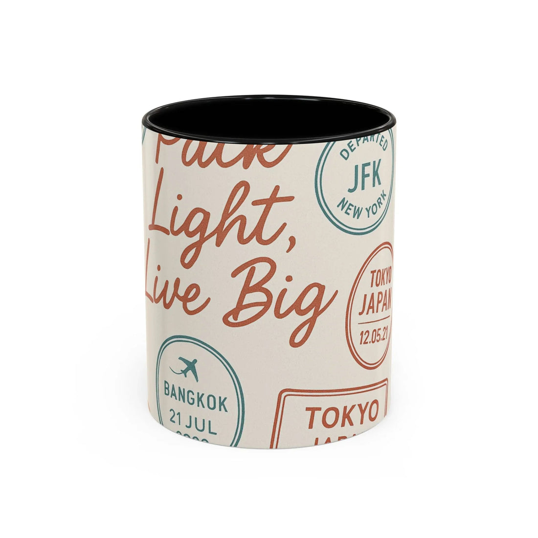 Pack Light, Live Big – Wanderlust Mug with Passport Stamp Collection
