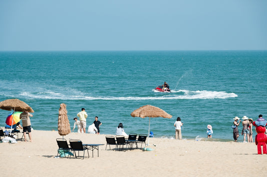 People enjoy a sunny day at the beach.
