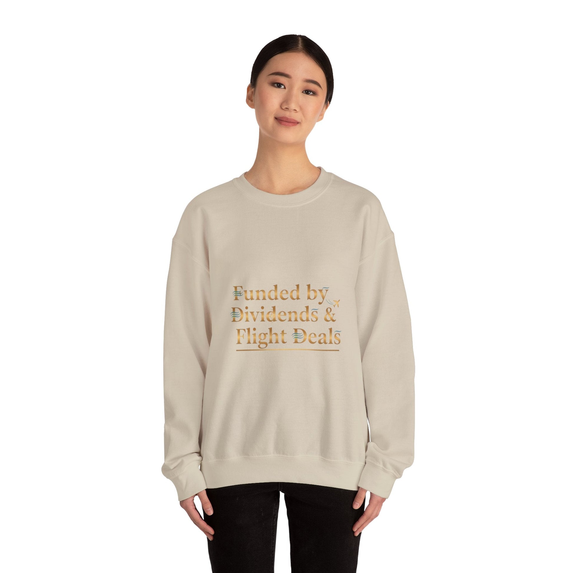 Crewneck Sweatshirt — “Funded by Dividends & Flight Deals” Minimal Investment Travel Tee Printify