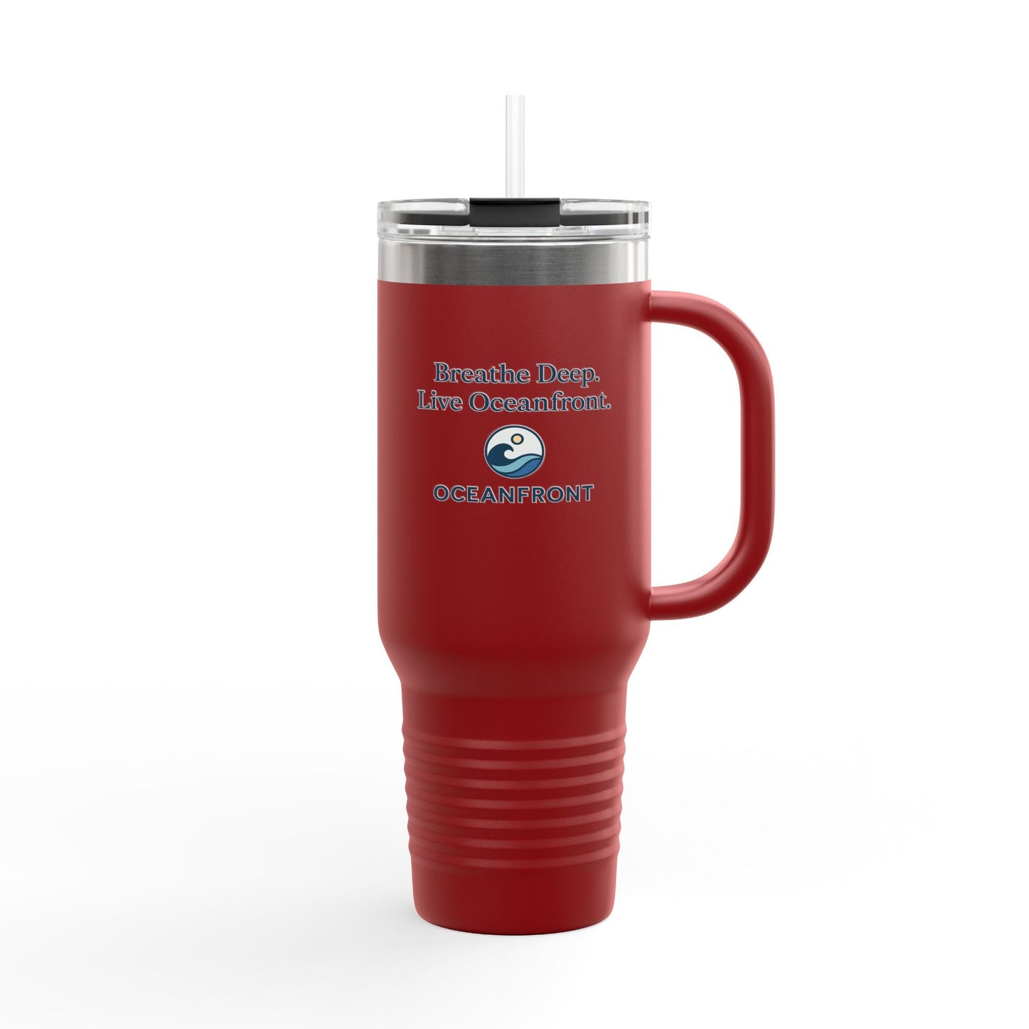 Oceanfront Insulated Travel Mug – “Breathe Deep. Live Oceanfront.” | Custom Name Option Printify