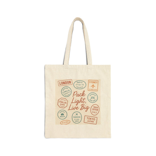 Travel Themed Cotton Canvas Tote Bag - "Pack Light, Live Big" - Oceanfront Products