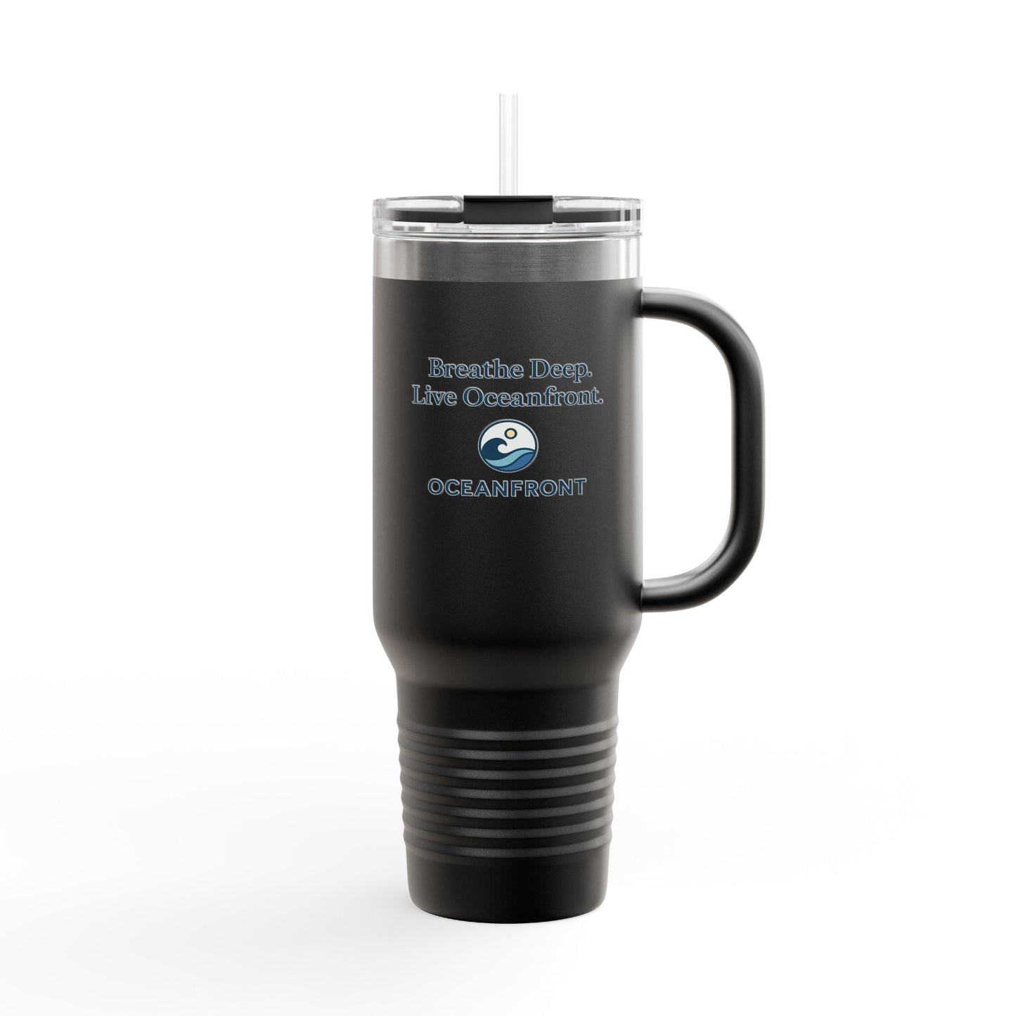 Oceanfront Insulated Travel Mug – “Breathe Deep. Live Oceanfront.” | Custom Name Option Printify
