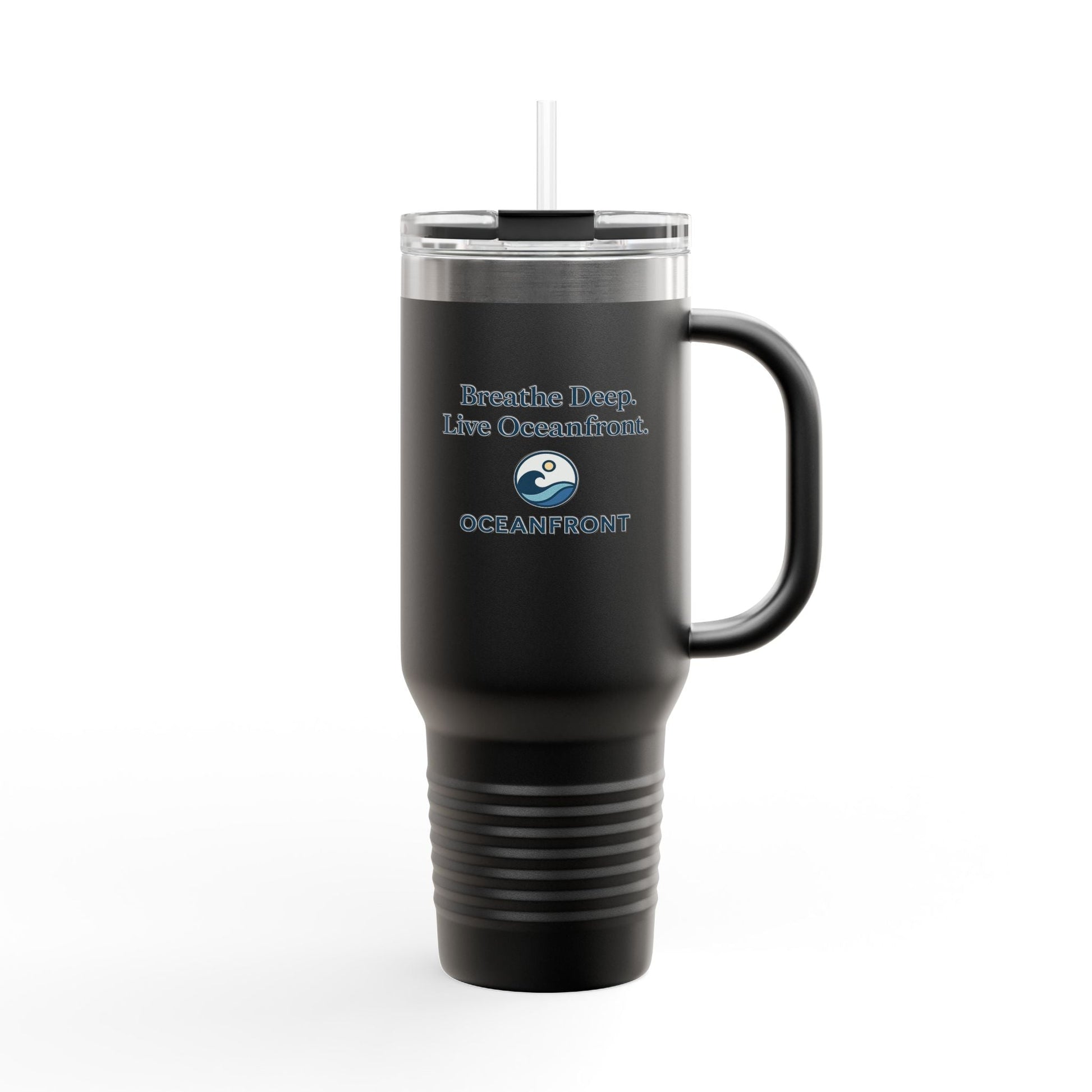 Oceanfront Insulated Travel Mug – “Breathe Deep. Live Oceanfront.” | Custom Name Option Printify