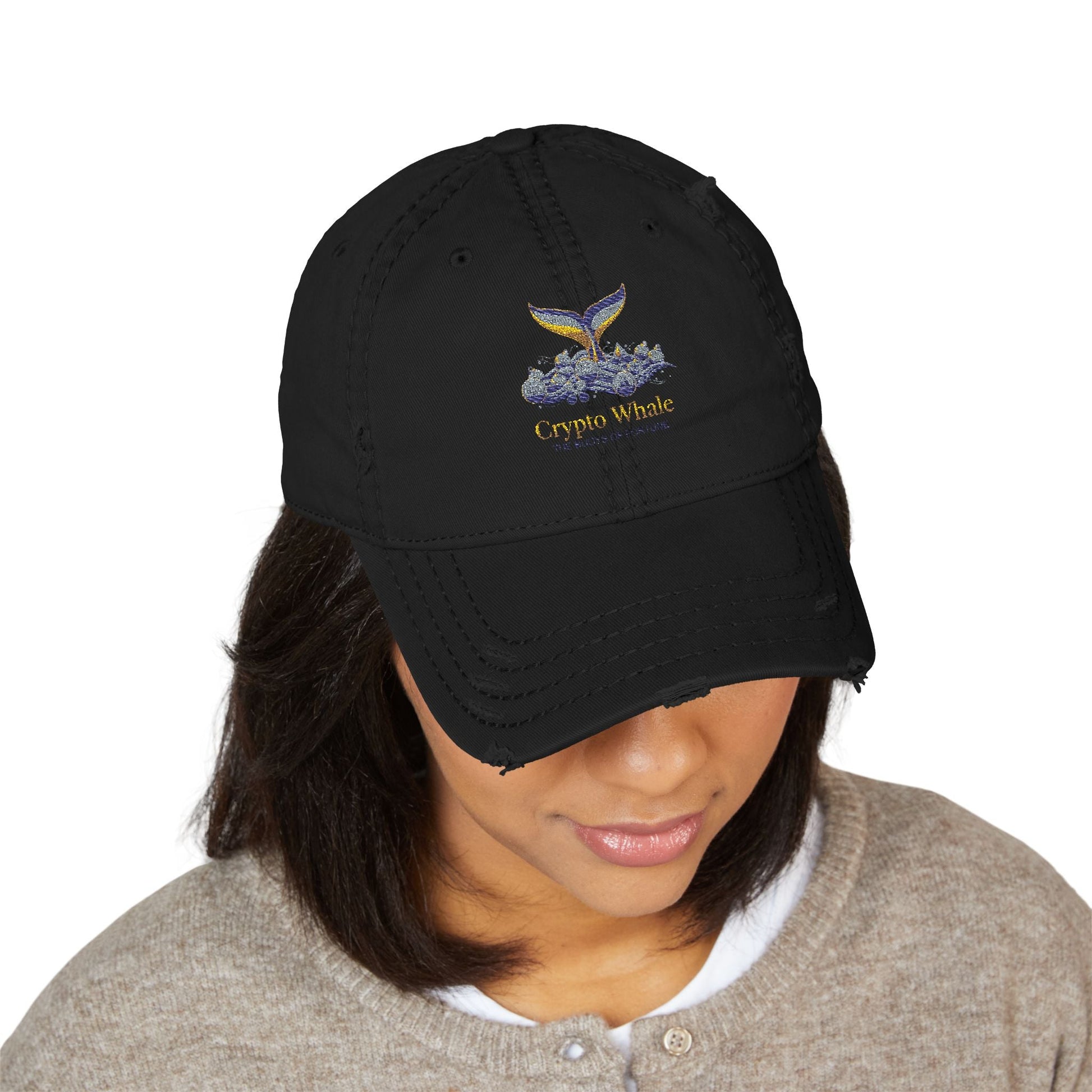Distressed Embroidered Whale Tail Dad Hat — Coastal Casual Baseball Cap Printify