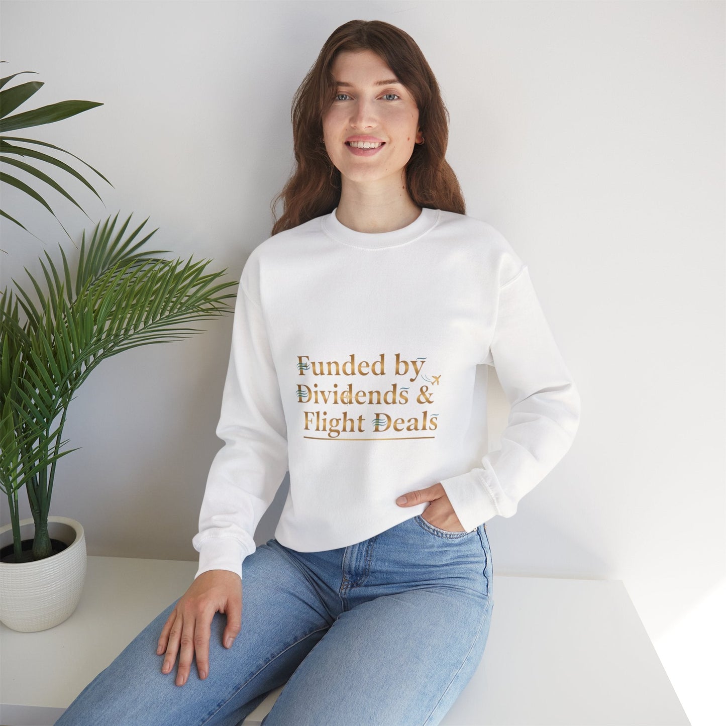 Crewneck Sweatshirt — “Funded by Dividends & Flight Deals” Minimal Investment Travel Tee Printify