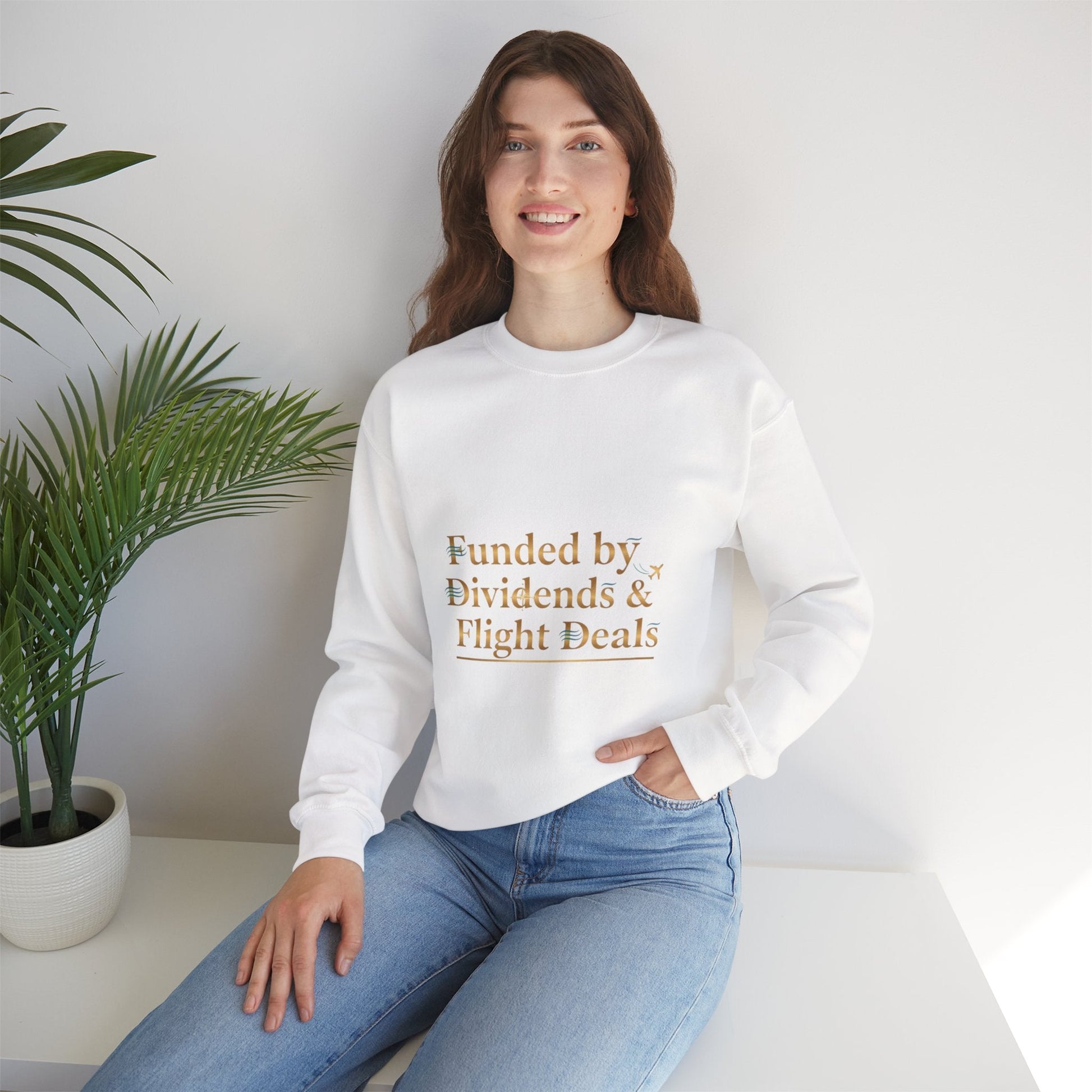 Crewneck Sweatshirt — “Funded by Dividends & Flight Deals” Minimal Investment Travel Tee Printify