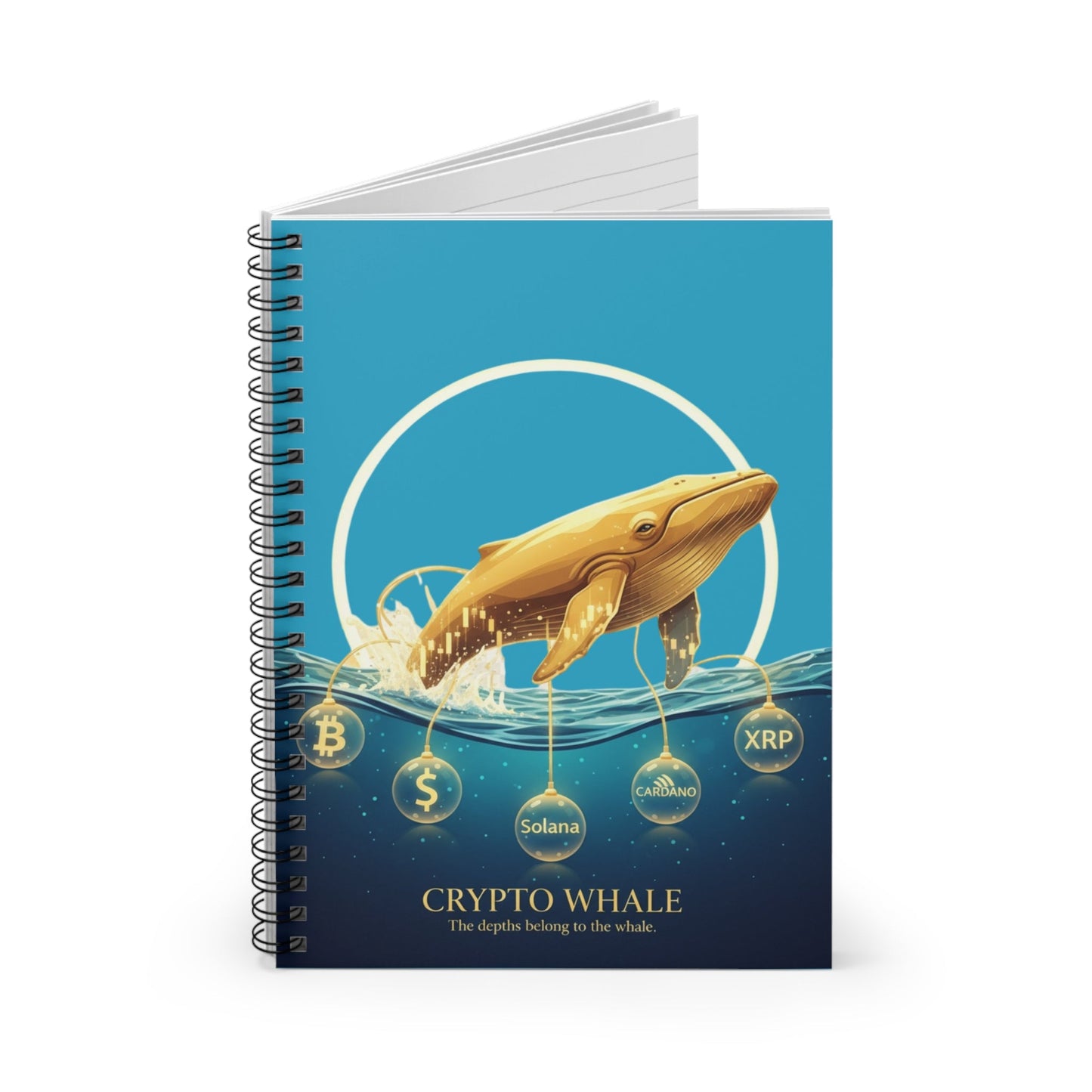 Crypto Whale Spiral Notebook — Gold Whale Crypto Design, Ruled Journal for Traders & Enthusiasts Printify