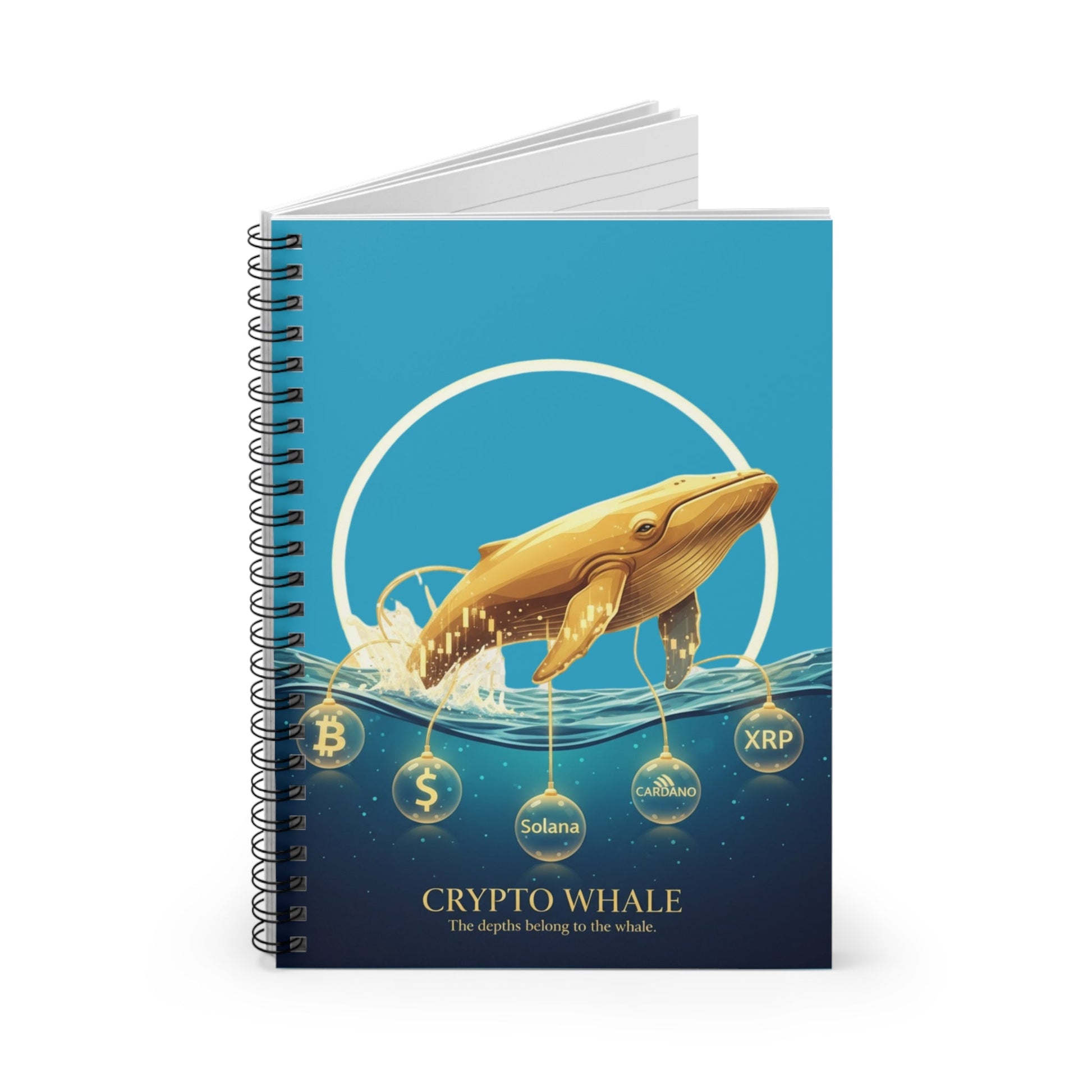 Crypto Whale Spiral Notebook — Gold Whale Crypto Design, Ruled Journal for Traders & Enthusiasts Printify