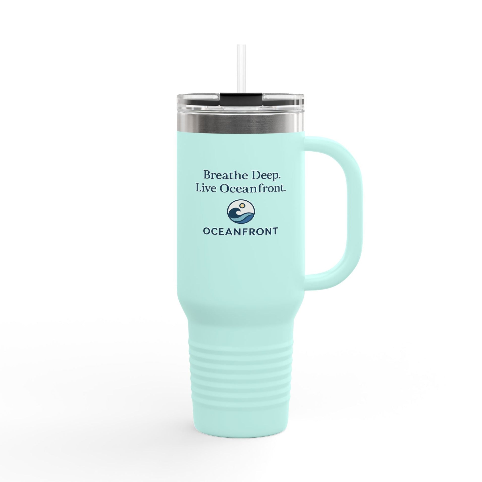 Oceanfront Insulated Travel Mug – “Breathe Deep. Live Oceanfront.” | Custom Name Option Printify