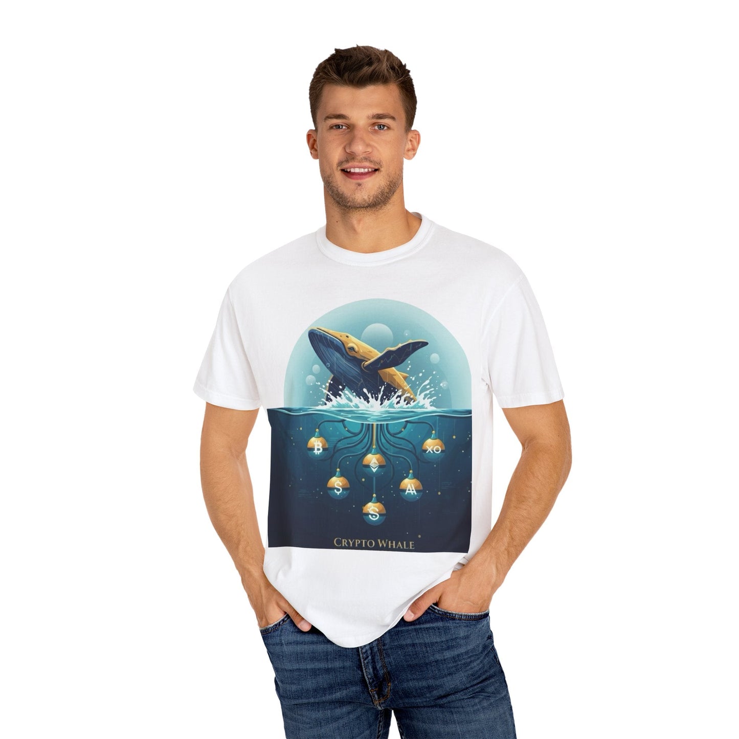 Crypto Whale T-Shirt — Ocean Whale & Gold Crypto Icons Graphic Tee Printify