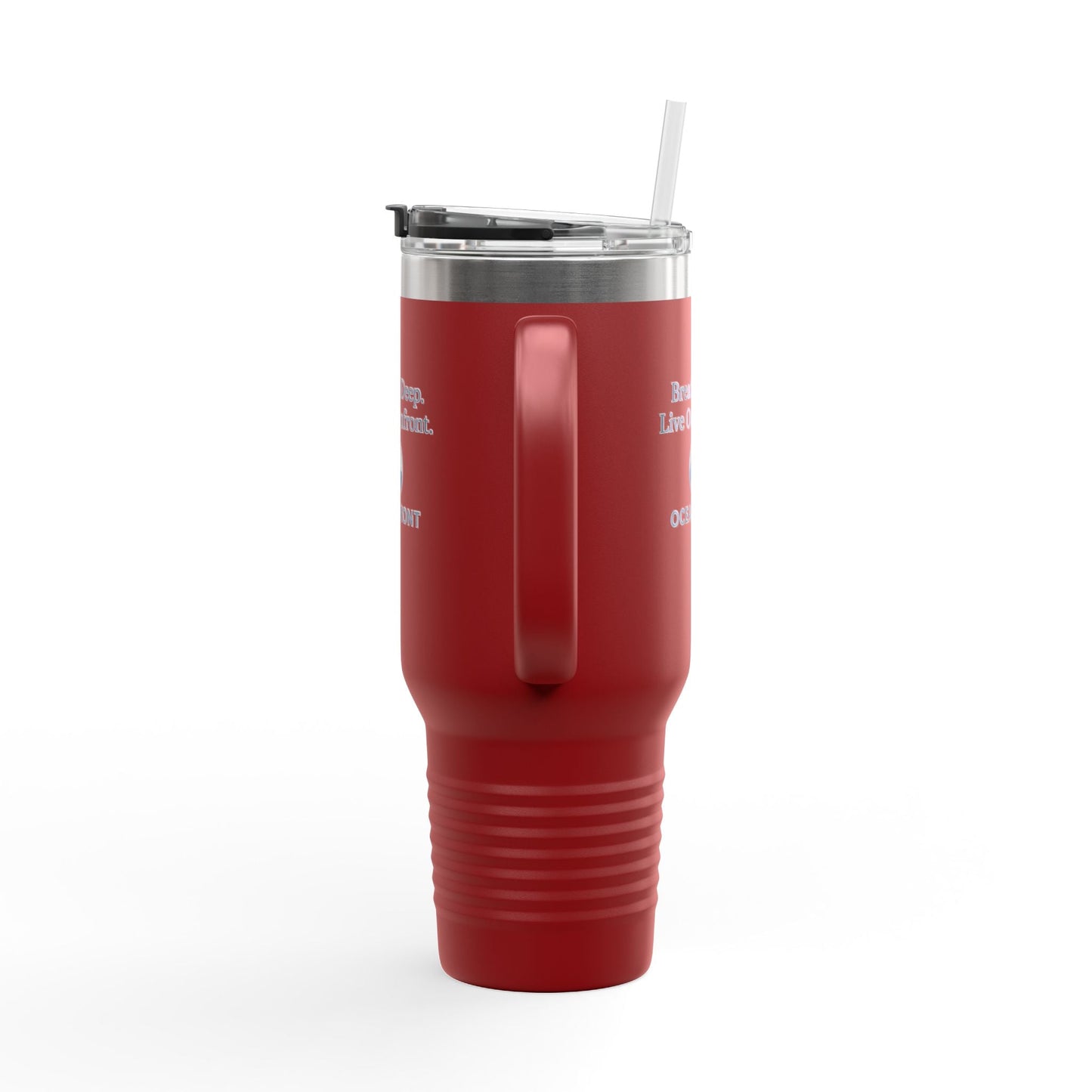 Oceanfront Insulated Travel Mug – “Breathe Deep. Live Oceanfront.” | Custom Name Option Printify