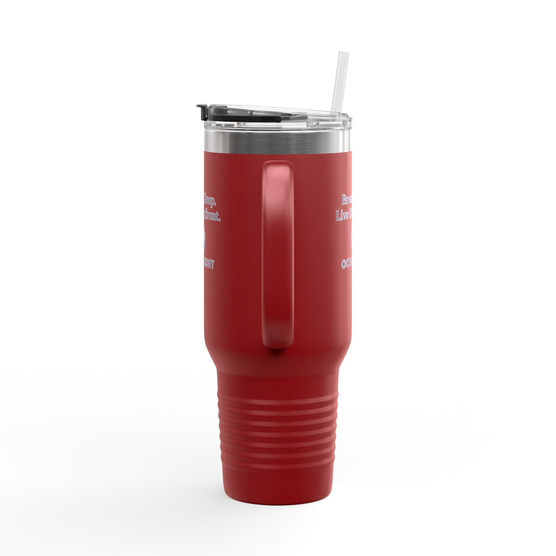 Oceanfront Insulated Travel Mug – “Breathe Deep. Live Oceanfront.” | Custom Name Option Printify