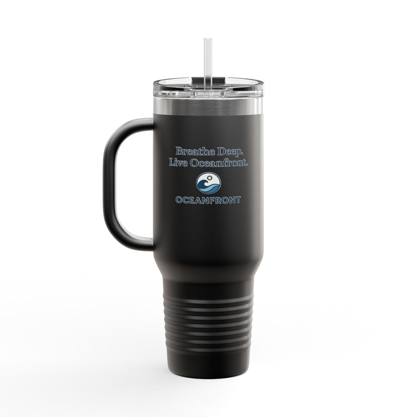 Oceanfront Insulated Travel Mug – “Breathe Deep. Live Oceanfront.” | Custom Name Option Printify