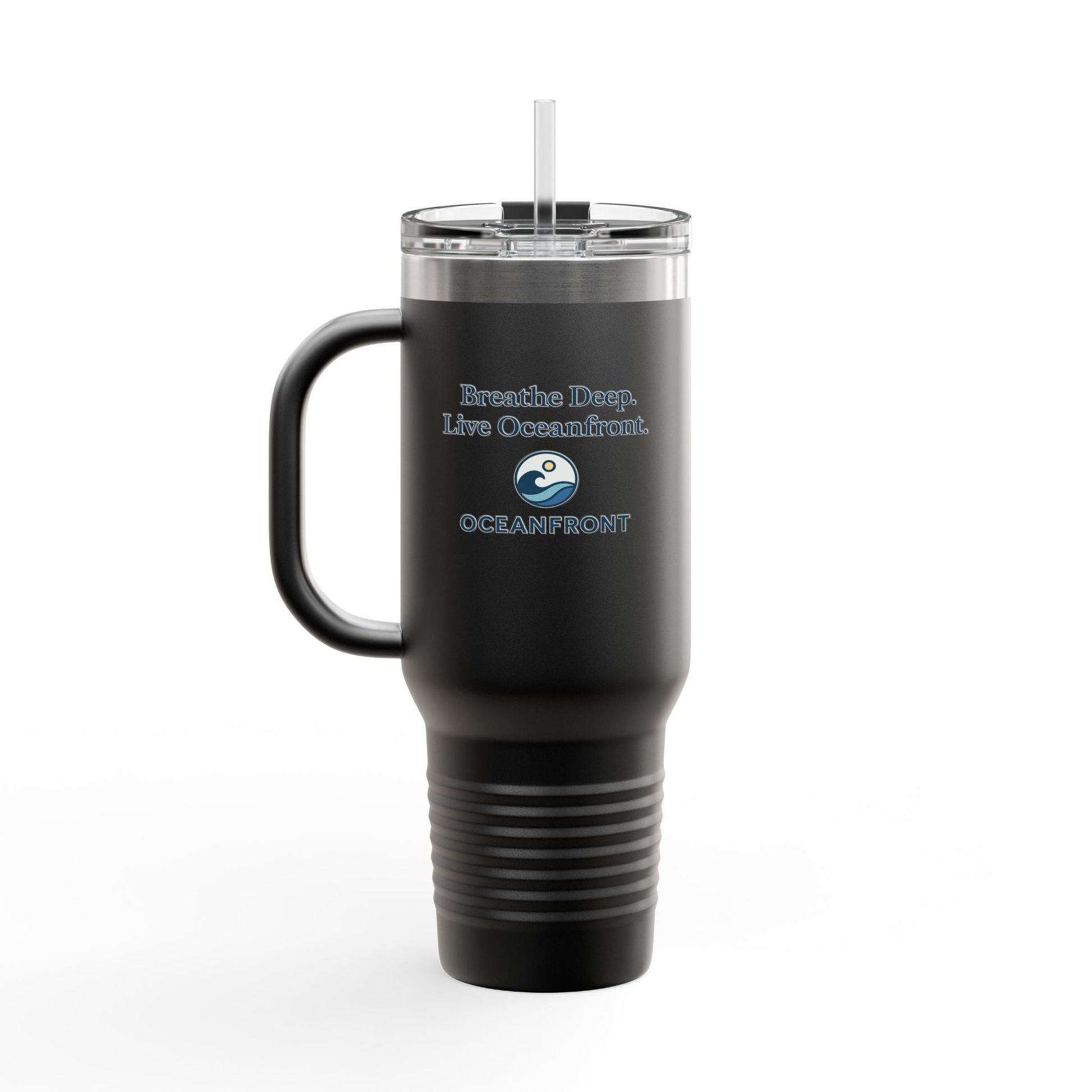 Oceanfront Insulated Travel Mug – “Breathe Deep. Live Oceanfront.” | Custom Name Option Printify