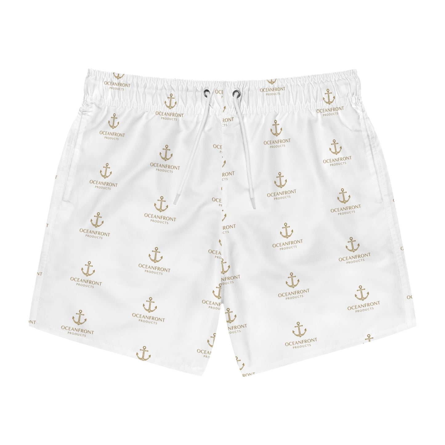 Nautical Anchor Print Swim Trunks – White All-Over Logo Pattern Printify