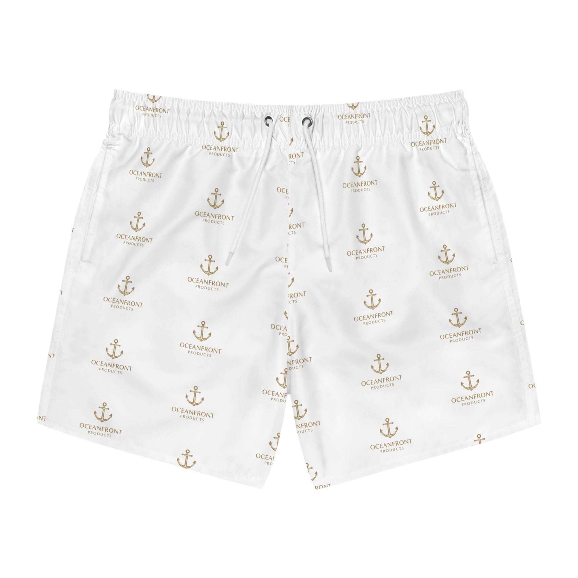 Nautical Anchor Print Swim Trunks – White All-Over Logo Pattern Printify