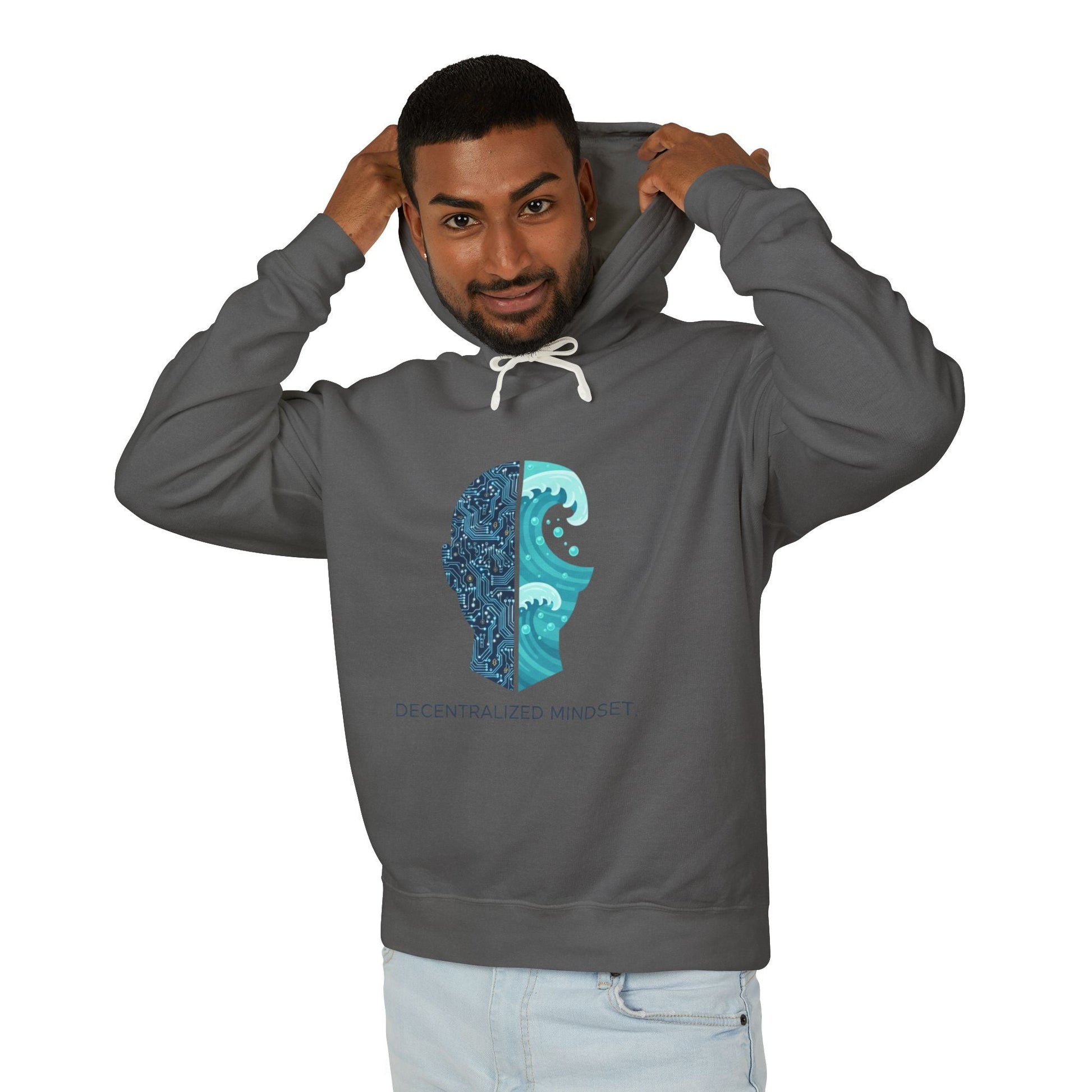 Decentralized Mindset Hoodie — Ocean Wave Split Face Graphic Hooded Sweatshirt Printify