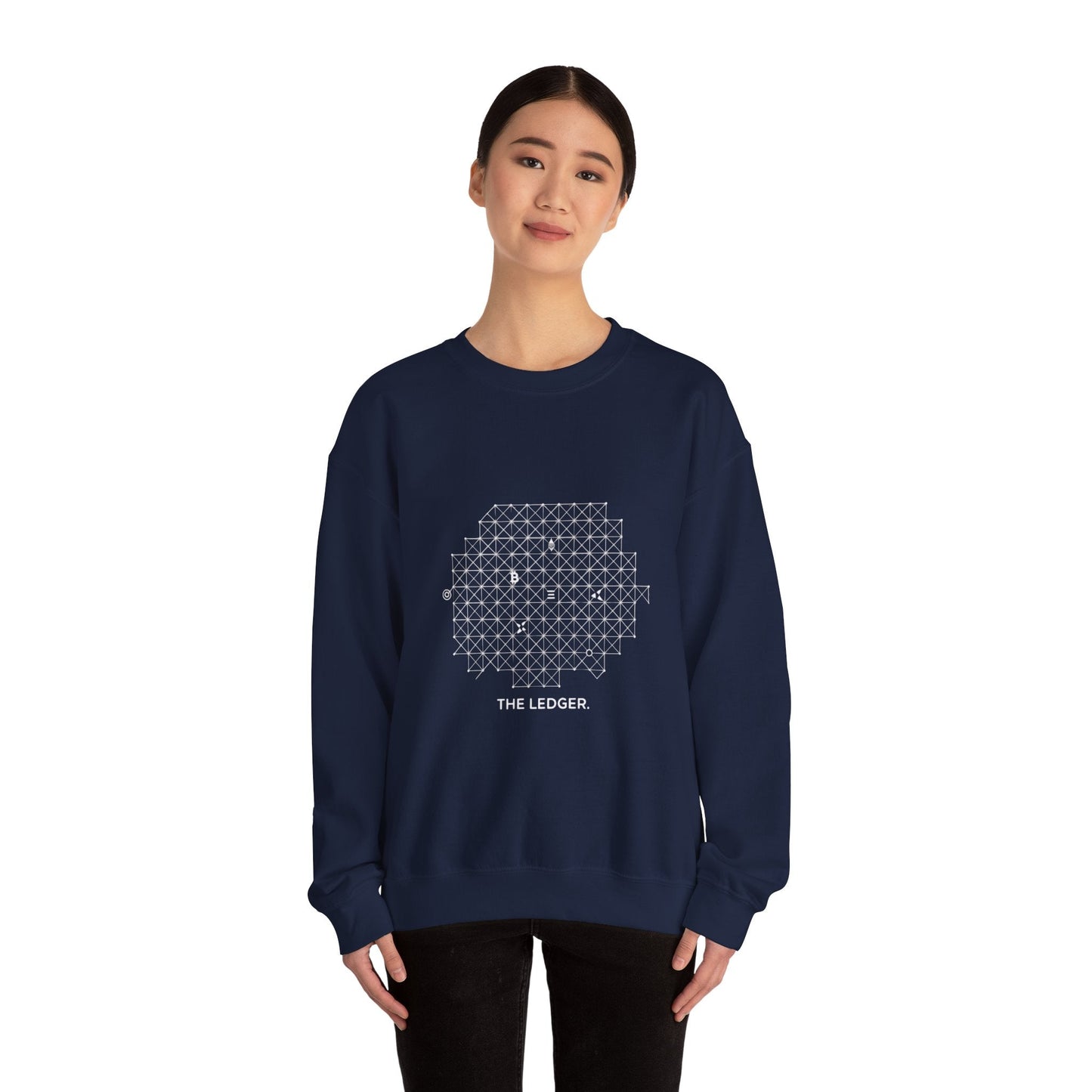 The Ledger Crewneck Sweatshirt — Geometric Crypto Grid Design Printify