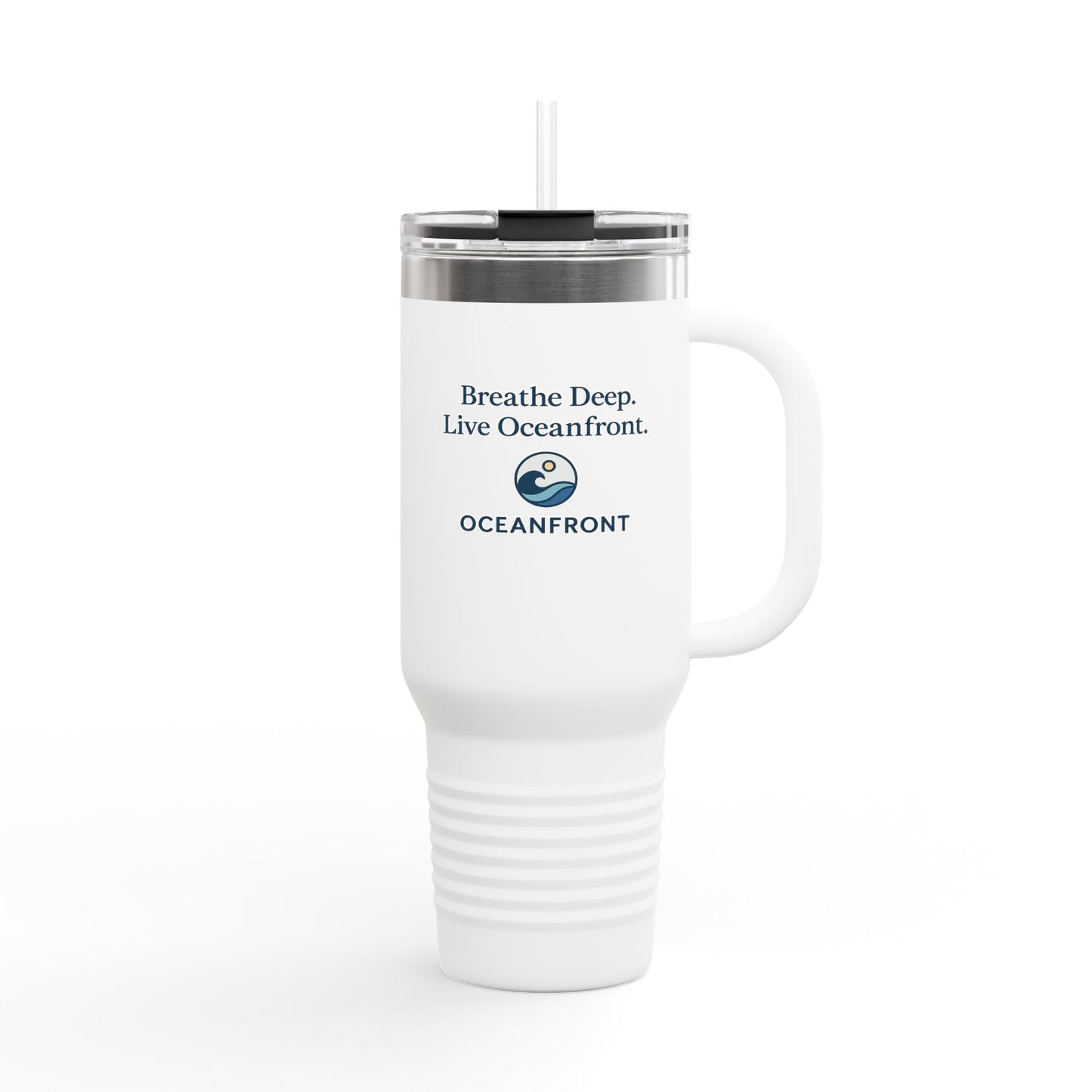 Oceanfront Insulated Travel Mug – “Breathe Deep. Live Oceanfront.” | Custom Name Option Printify