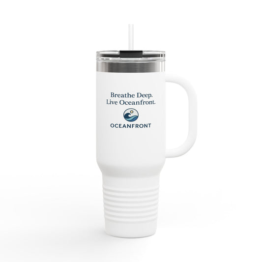 Oceanfront Insulated Travel Mug – “Breathe Deep. Live Oceanfront.” | Custom Name Option Printify