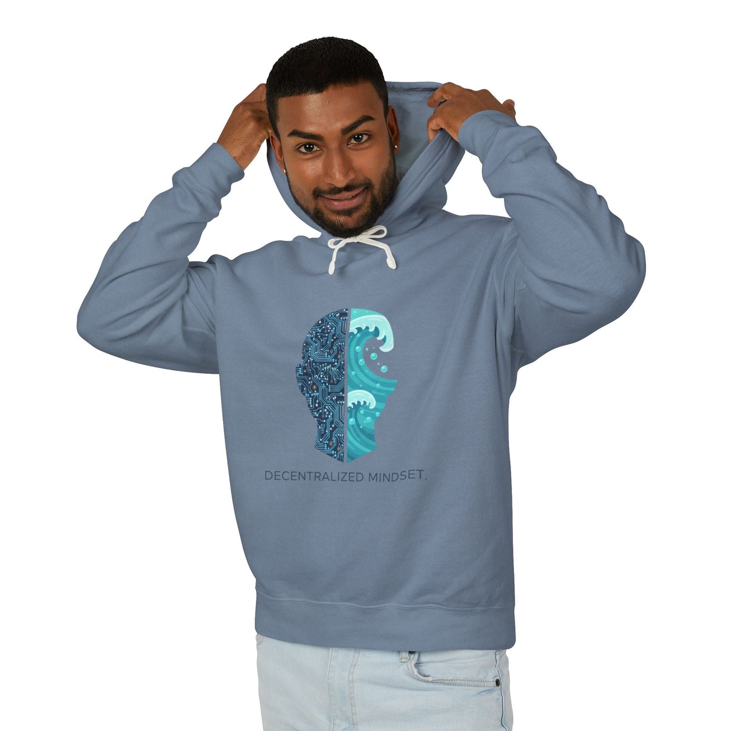 Decentralized Mindset Hoodie — Ocean Wave Split Face Graphic Hooded Sweatshirt Printify