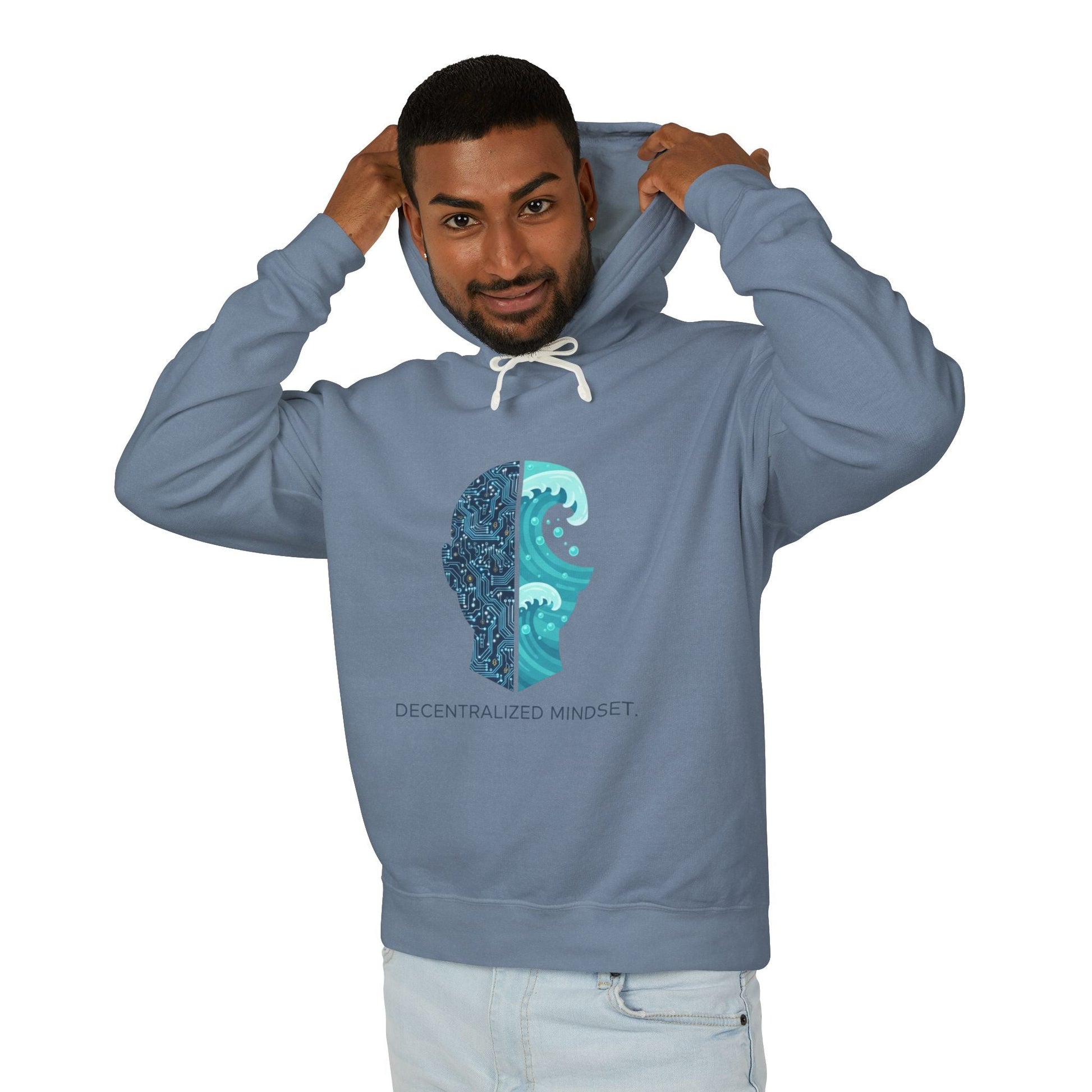 Decentralized Mindset Hoodie — Ocean Wave Split Face Graphic Hooded Sweatshirt Printify