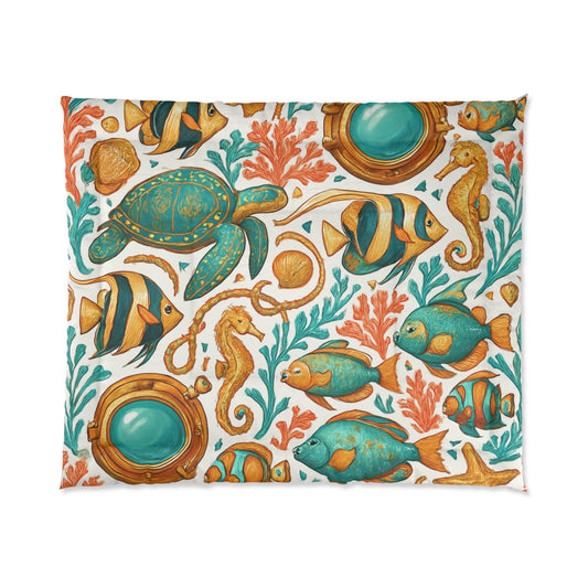 Undersea Coral Reef Comforter – Teal Turtle & Seahorse Bedding Printify