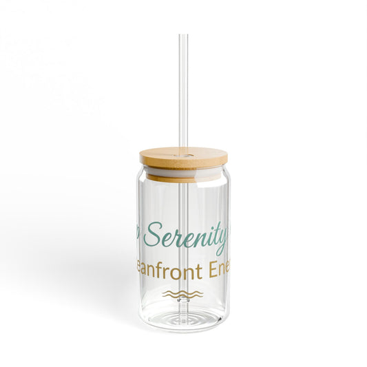 Oceanfront “Sip Serenity” Frosted Glass Cup | Luxury Coastal Glass with Bamboo Lid & Straw Printify