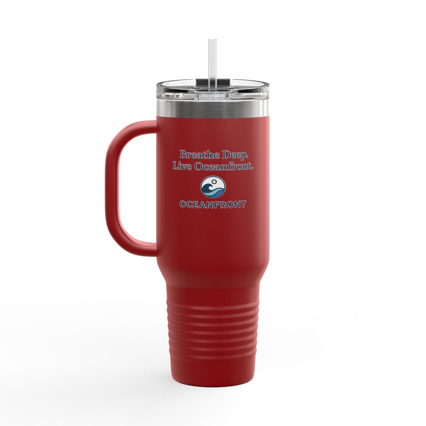 Oceanfront Insulated Travel Mug – “Breathe Deep. Live Oceanfront.” | Custom Name Option Printify