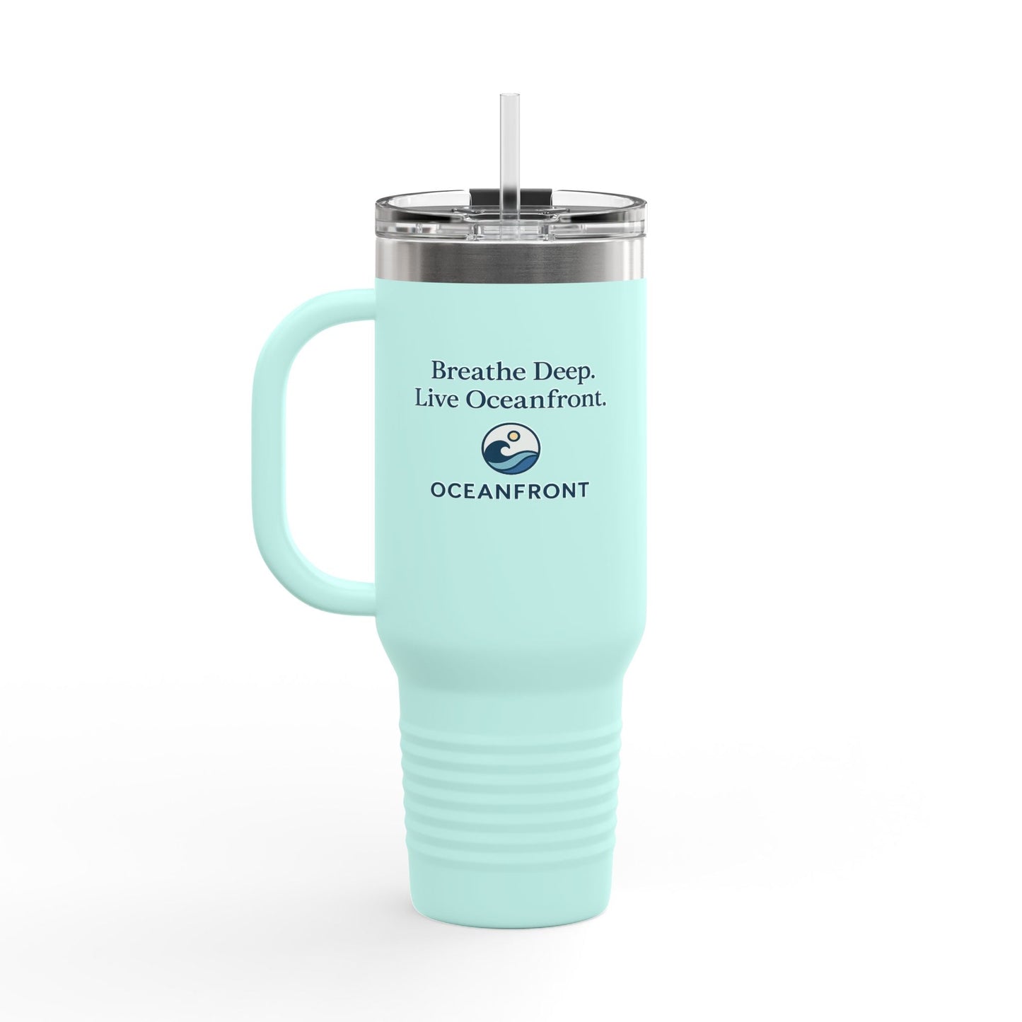 Oceanfront Insulated Travel Mug – “Breathe Deep. Live Oceanfront.” | Custom Name Option Printify