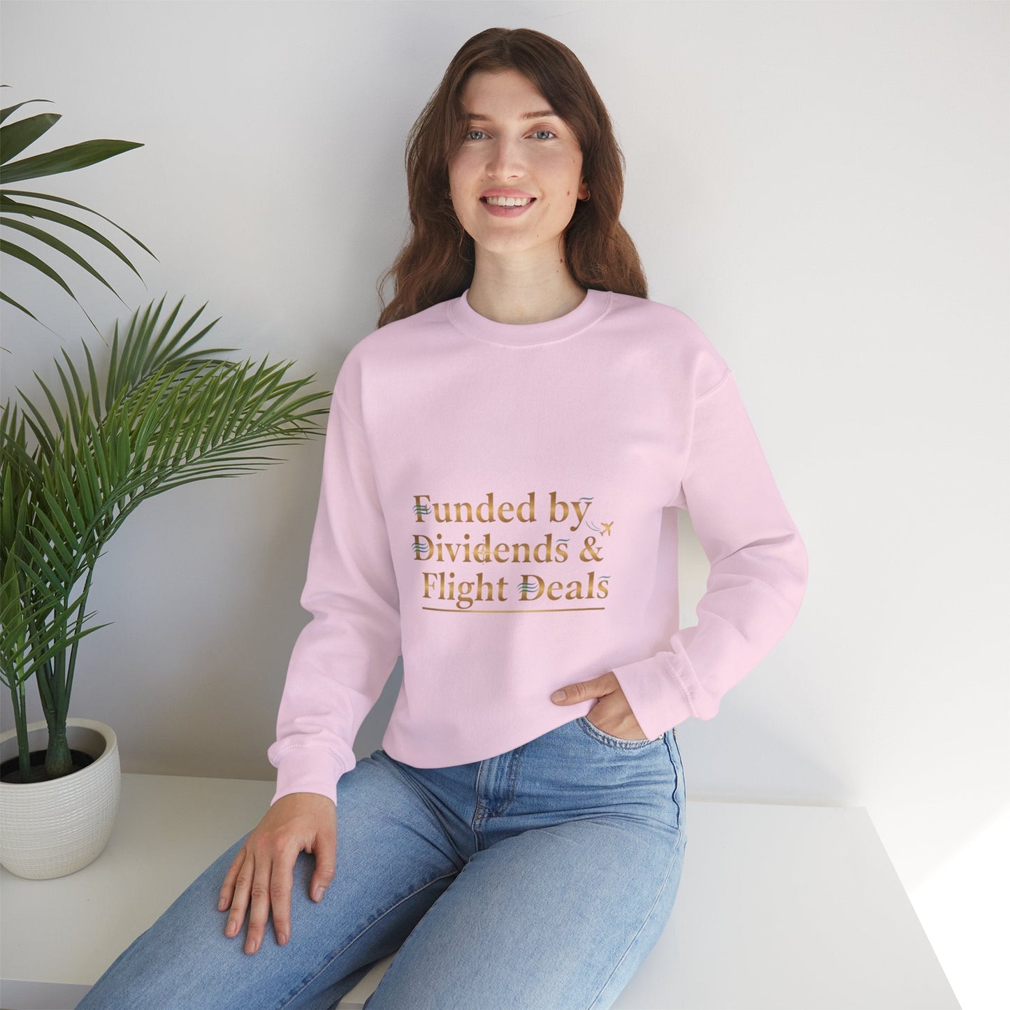 Crewneck Sweatshirt — “Funded by Dividends & Flight Deals” Minimal Investment Travel Tee Printify