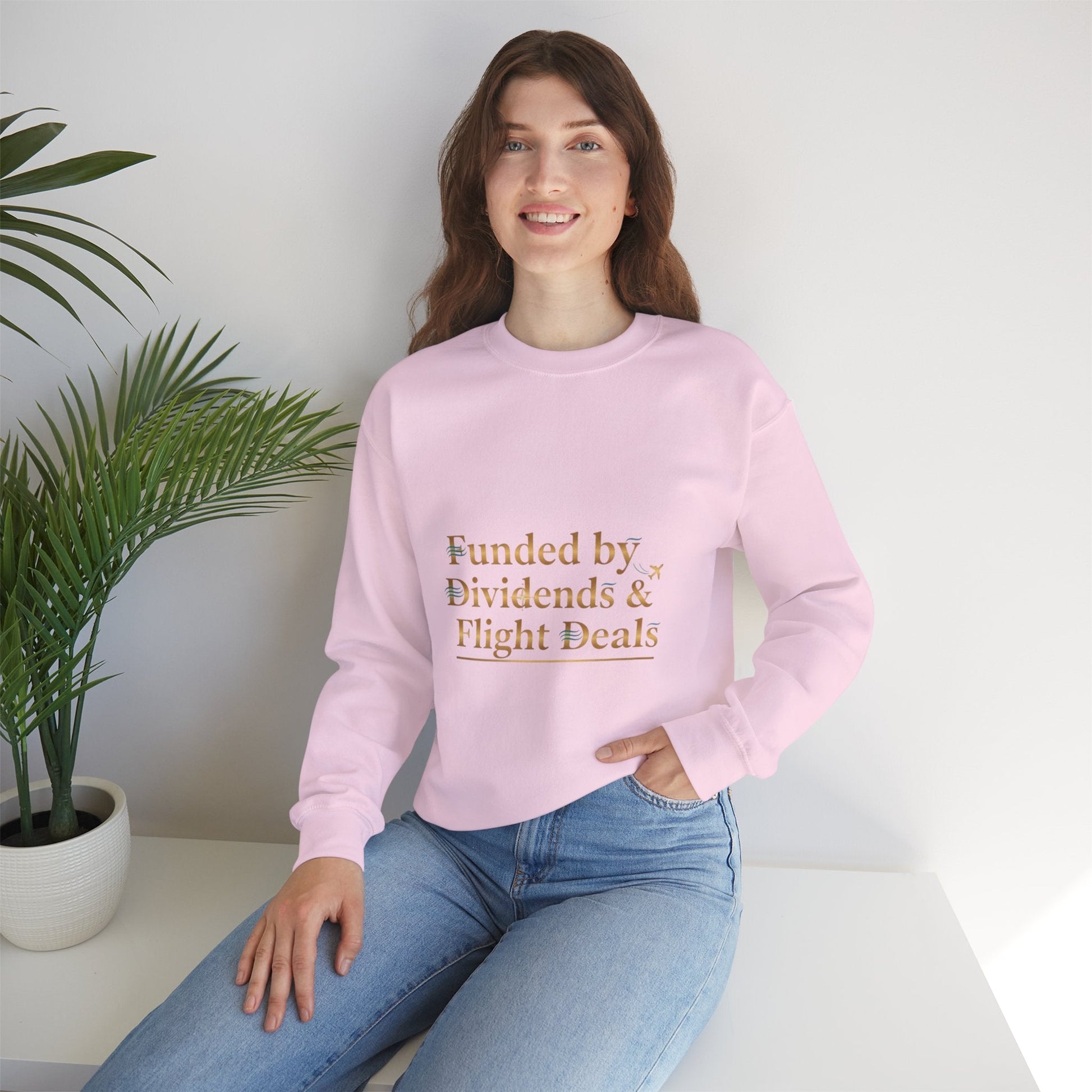 Crewneck Sweatshirt — “Funded by Dividends & Flight Deals” Minimal Investment Travel Tee Printify
