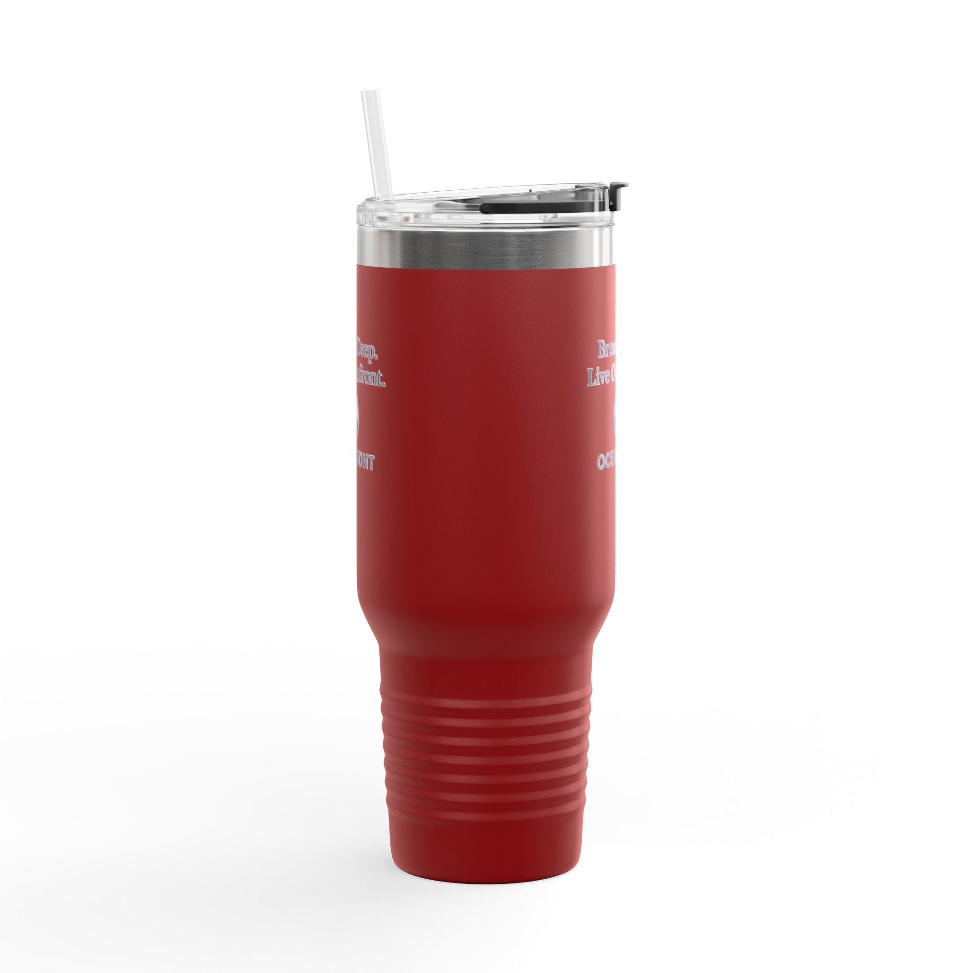 Oceanfront Insulated Travel Mug – “Breathe Deep. Live Oceanfront.” | Custom Name Option Printify