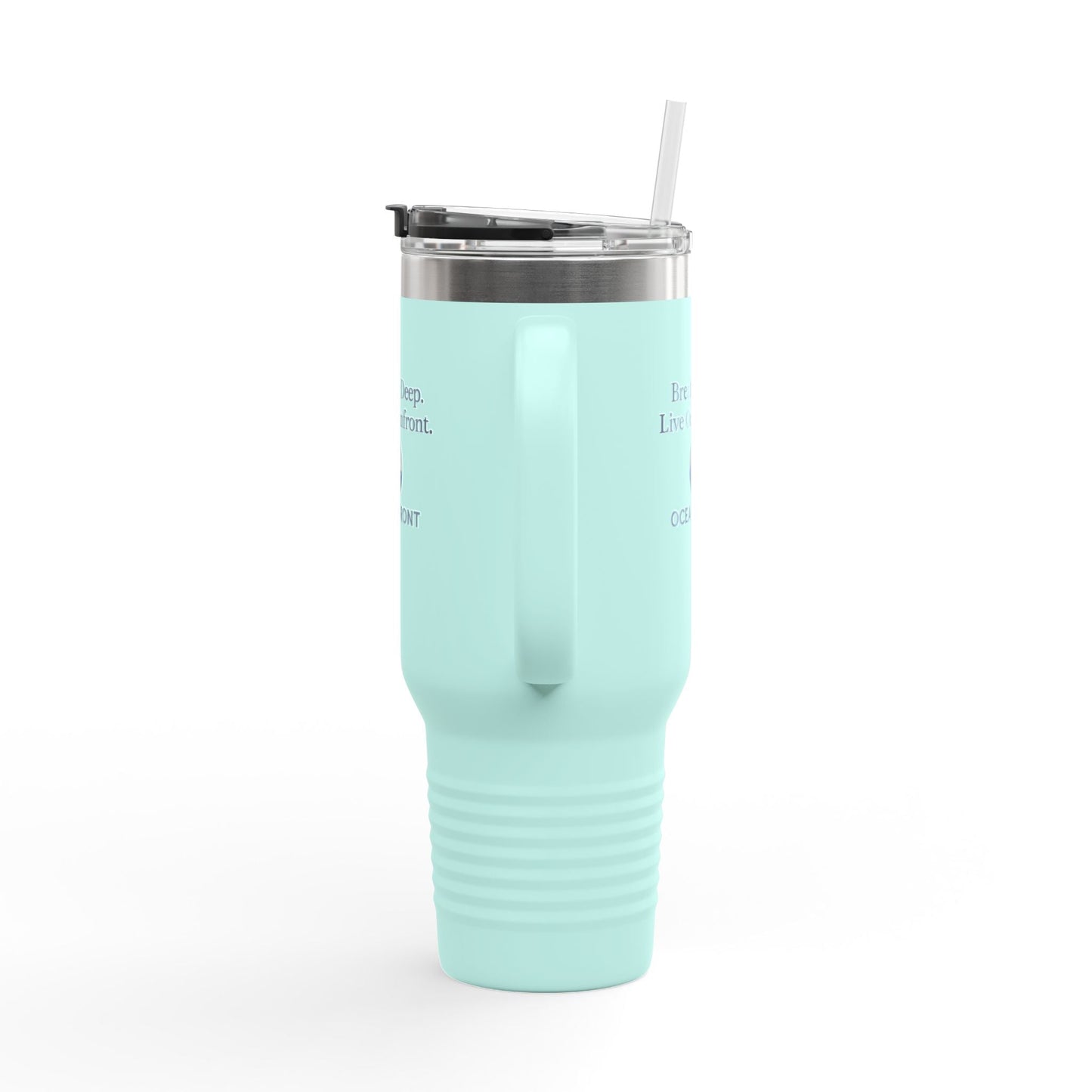 Oceanfront Insulated Travel Mug – “Breathe Deep. Live Oceanfront.” | Custom Name Option Printify