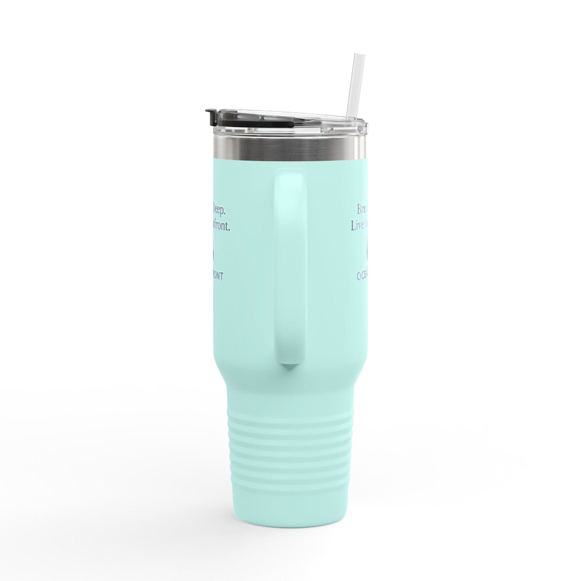 Oceanfront Insulated Travel Mug – “Breathe Deep. Live Oceanfront.” | Custom Name Option Printify