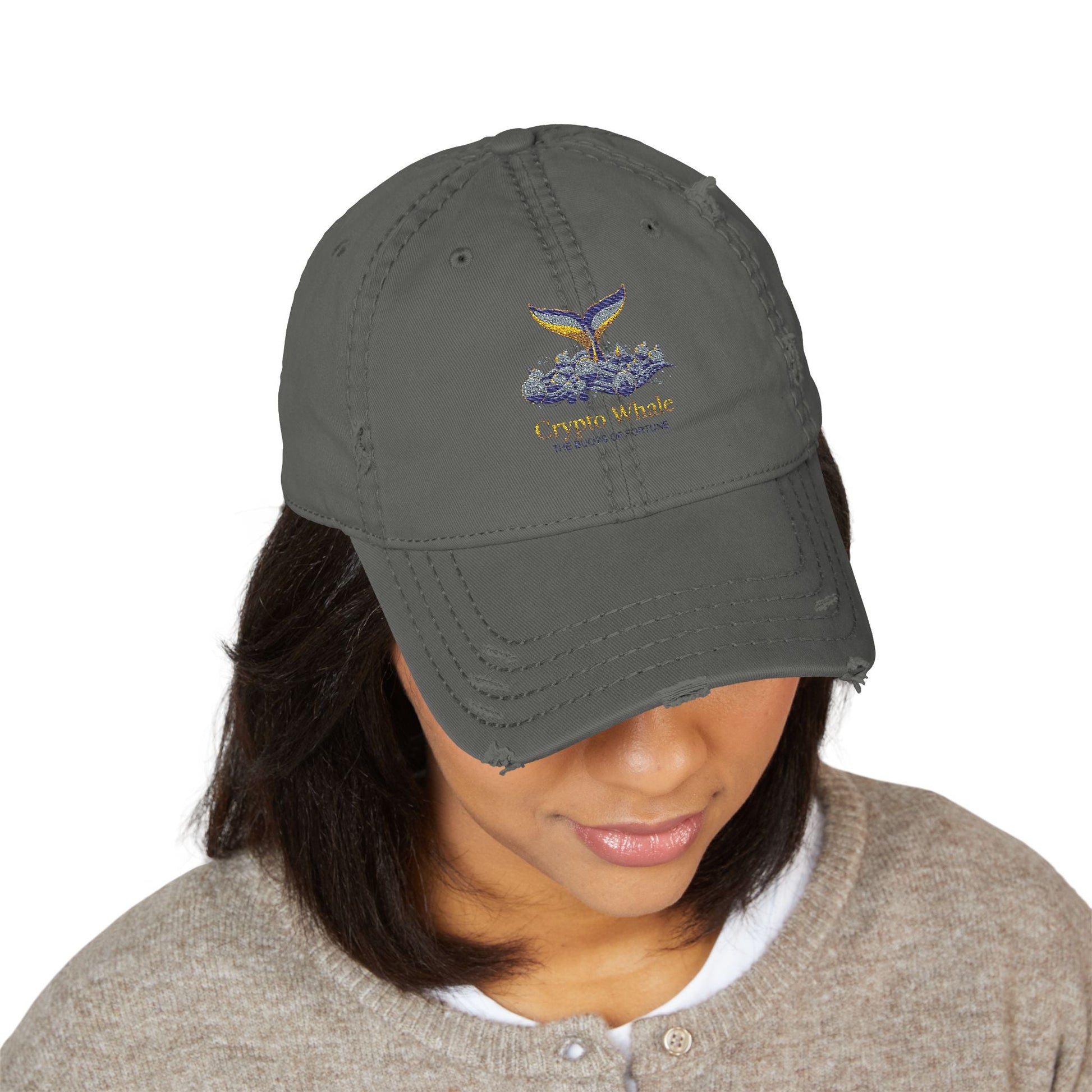 Distressed Embroidered Whale Tail Dad Hat — Coastal Casual Baseball Cap Printify