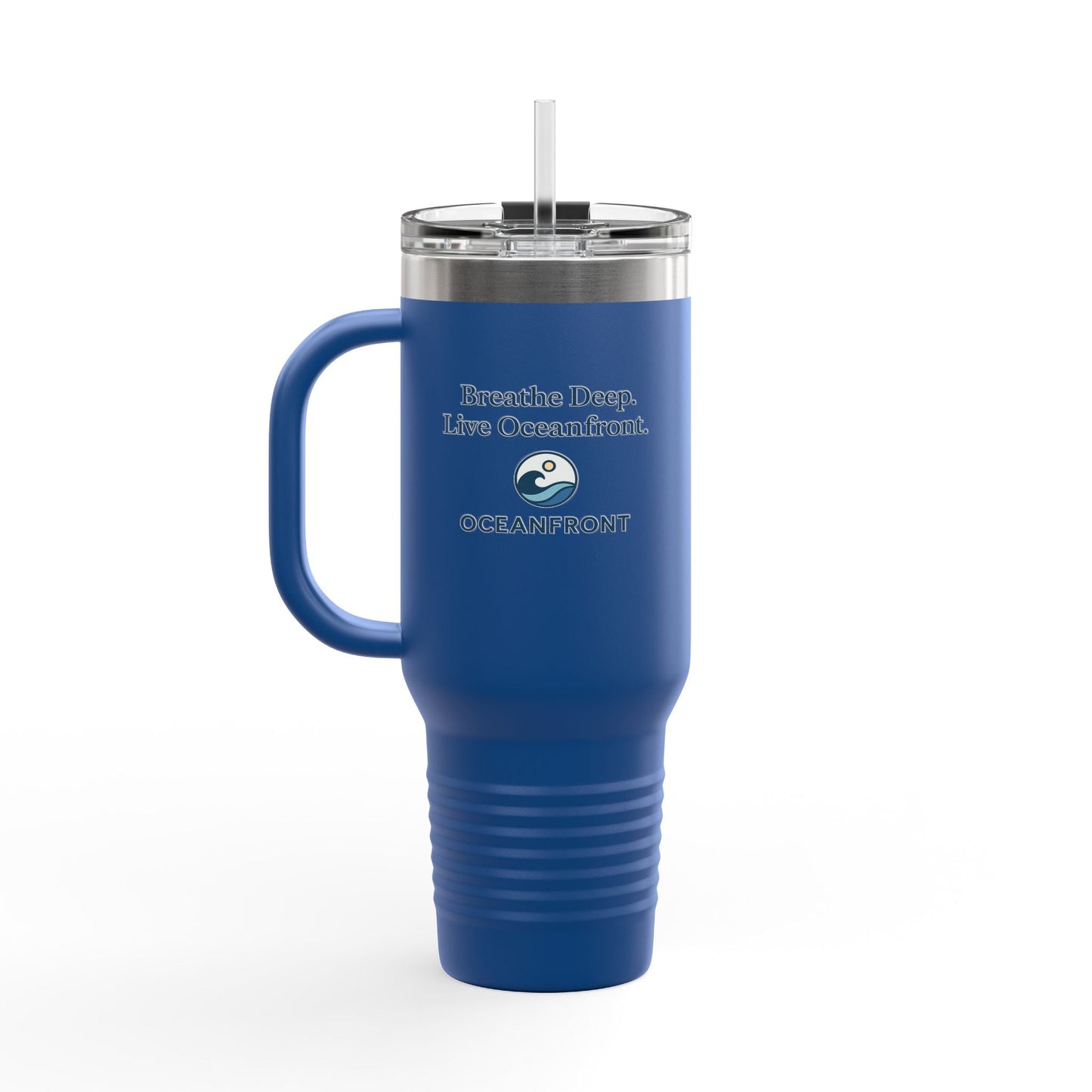 Oceanfront Insulated Travel Mug – “Breathe Deep. Live Oceanfront.” | Custom Name Option Printify