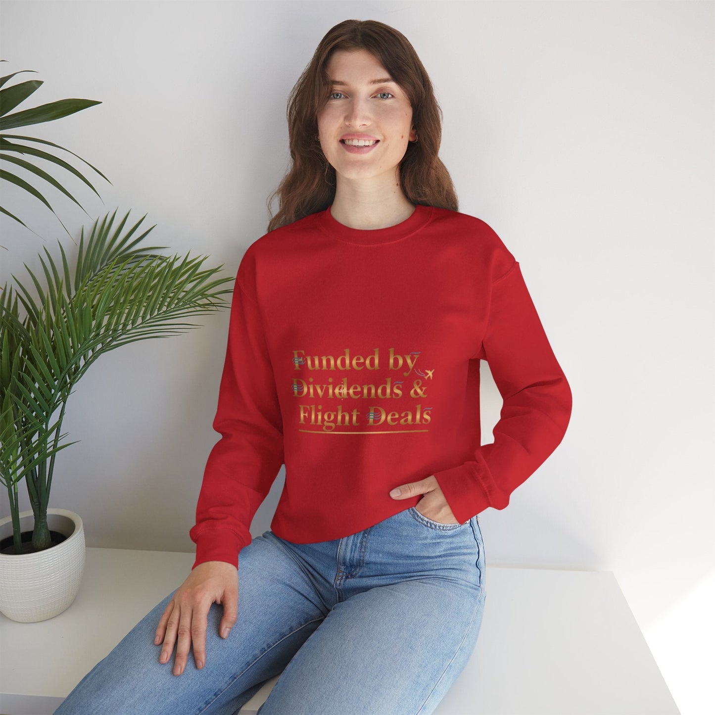 Crewneck Sweatshirt — “Funded by Dividends & Flight Deals” Minimal Investment Travel Tee Printify