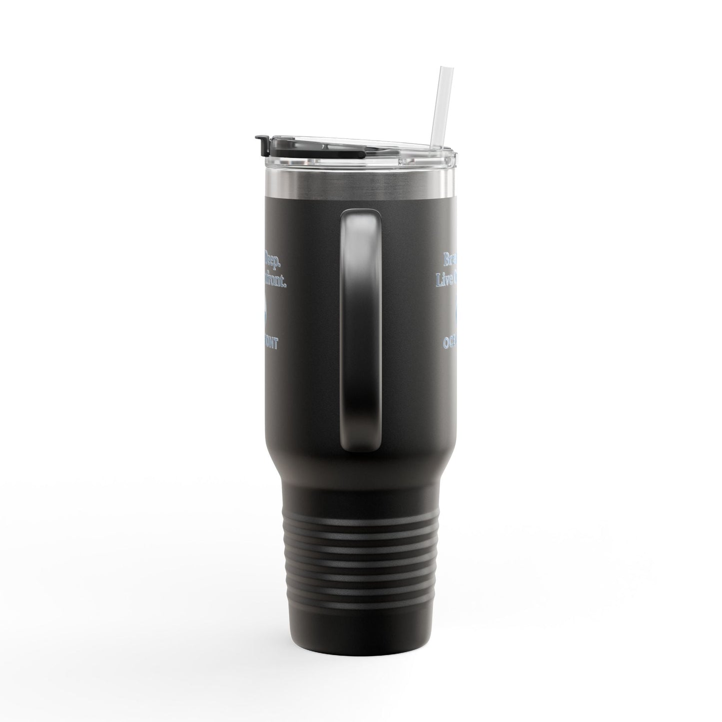 Oceanfront Insulated Travel Mug – “Breathe Deep. Live Oceanfront.” | Custom Name Option Printify
