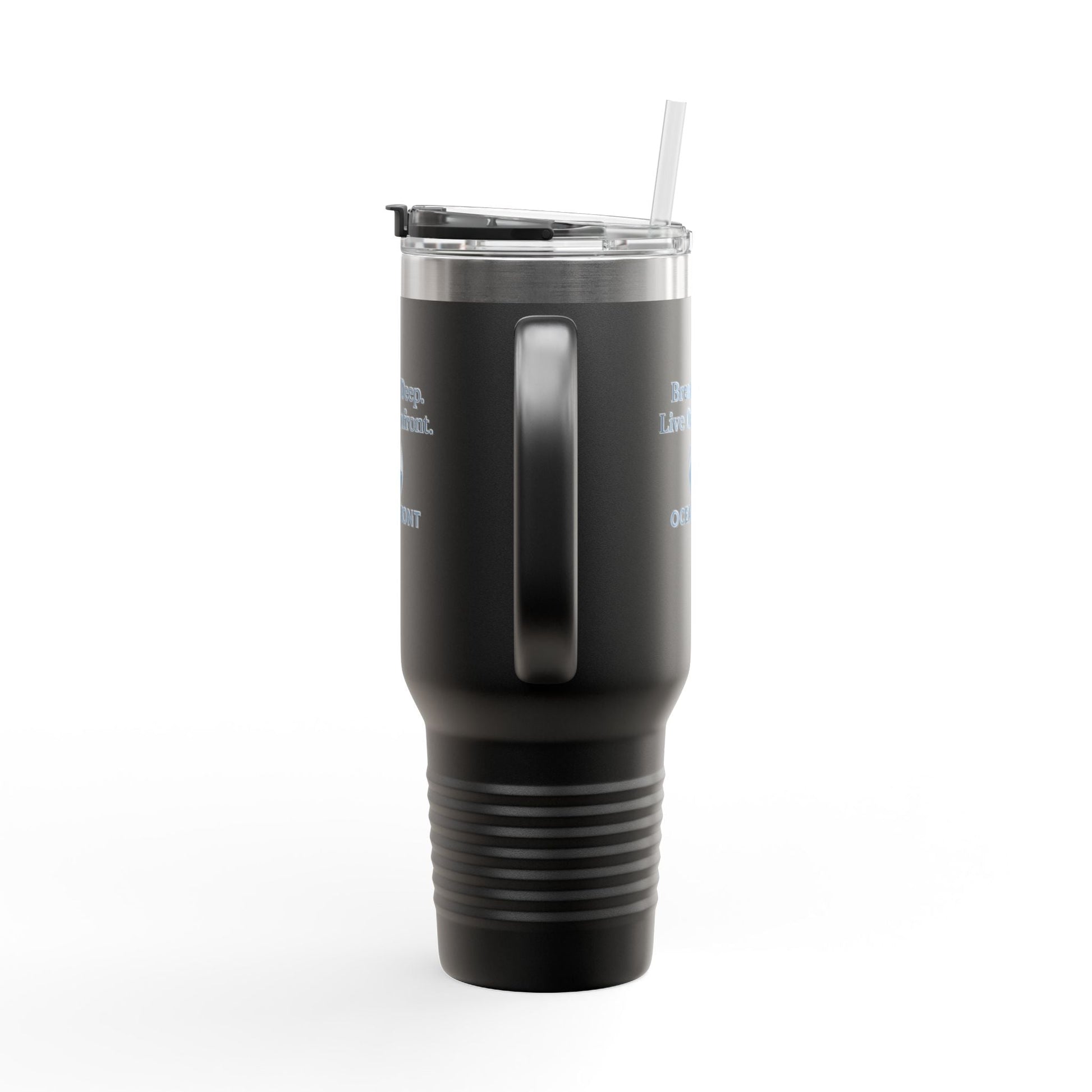 Oceanfront Insulated Travel Mug – “Breathe Deep. Live Oceanfront.” | Custom Name Option Printify