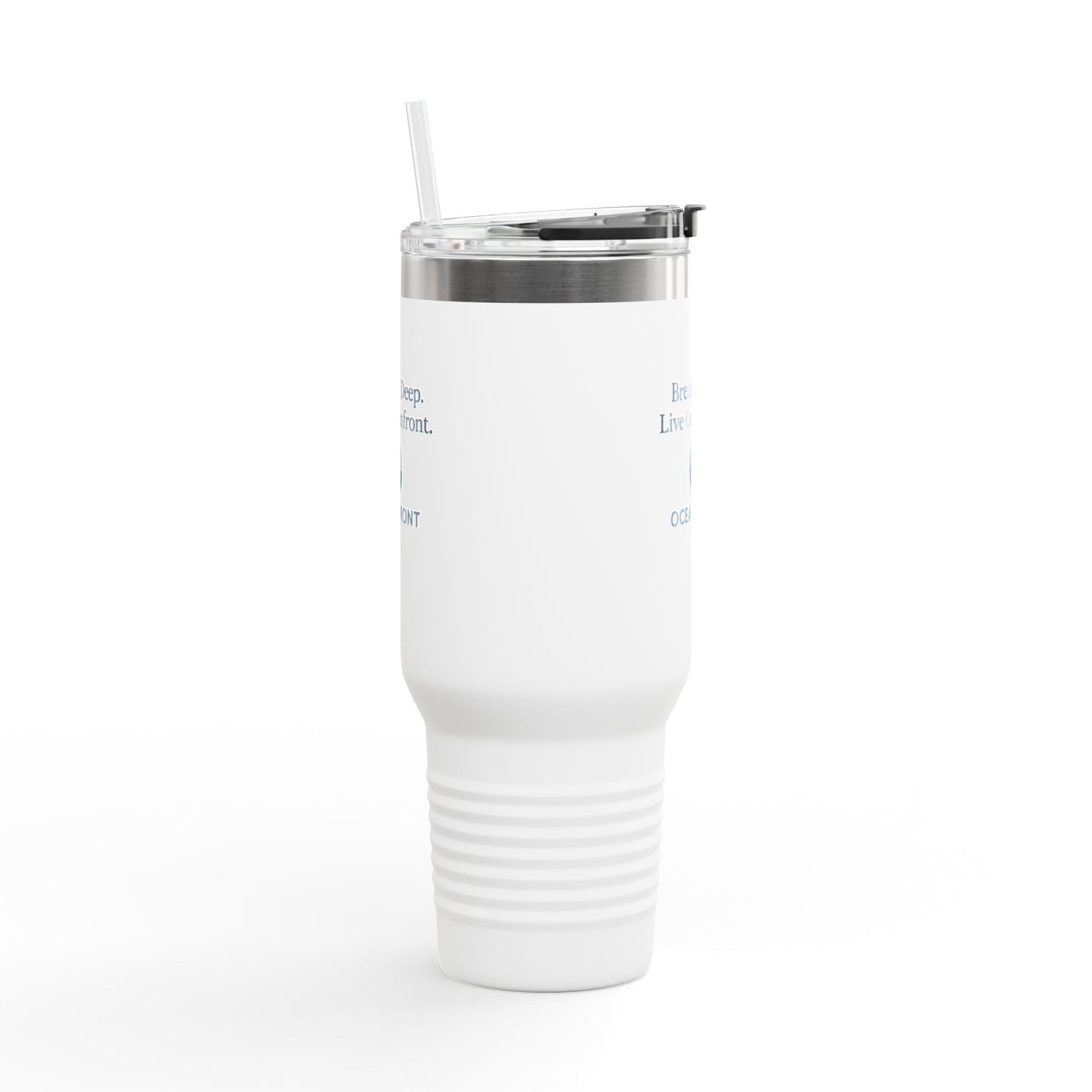 Oceanfront Insulated Travel Mug – “Breathe Deep. Live Oceanfront.” | Custom Name Option Printify