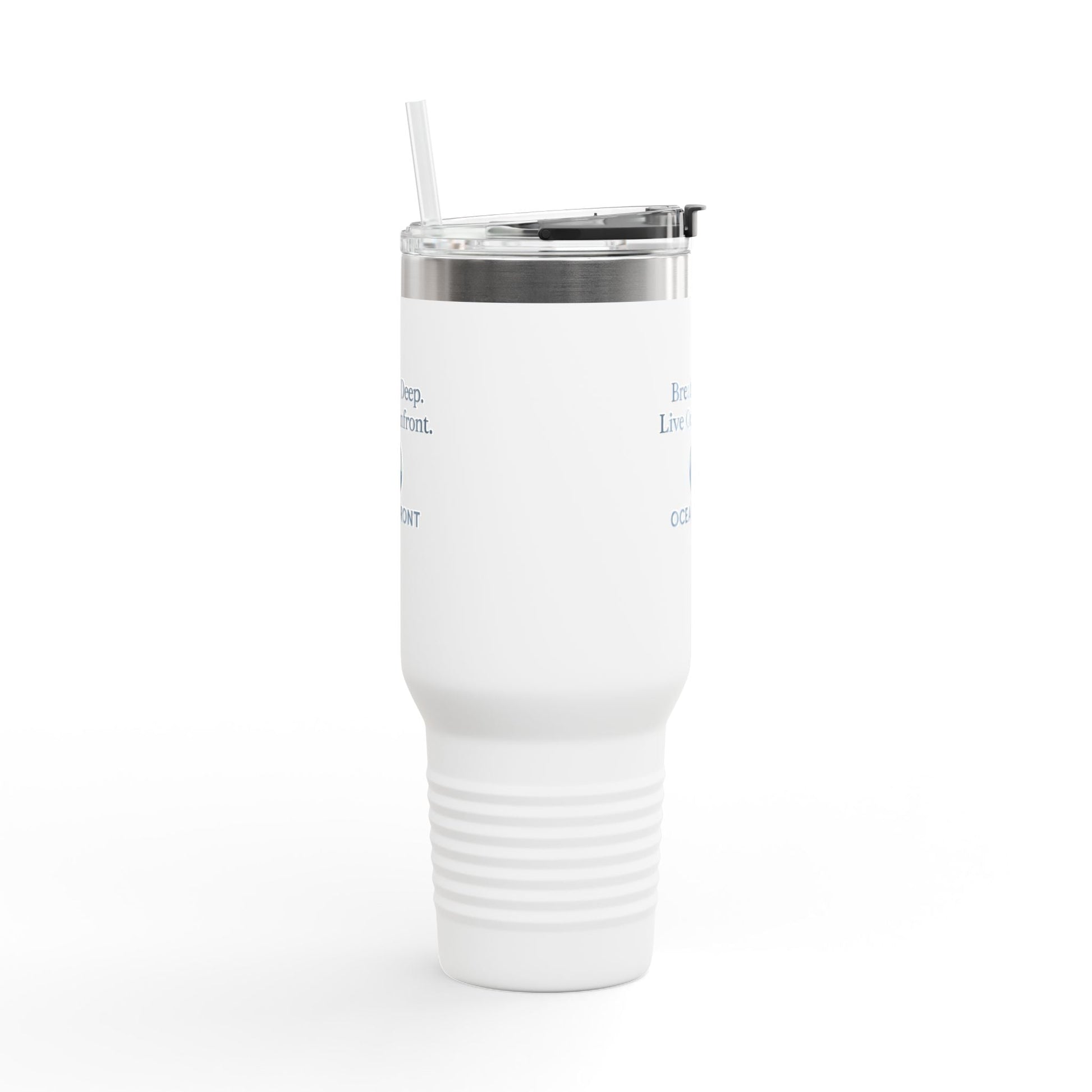Oceanfront Insulated Travel Mug – “Breathe Deep. Live Oceanfront.” | Custom Name Option Printify