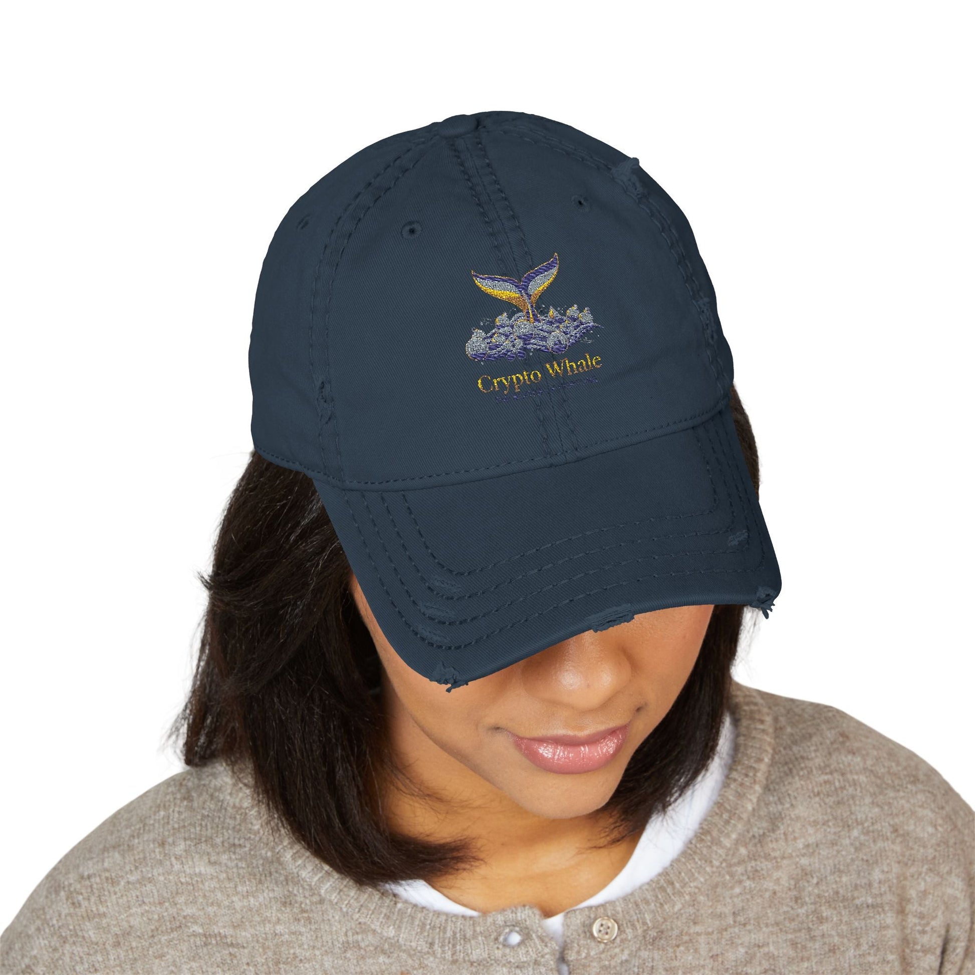 Distressed Embroidered Whale Tail Dad Hat — Coastal Casual Baseball Cap Printify