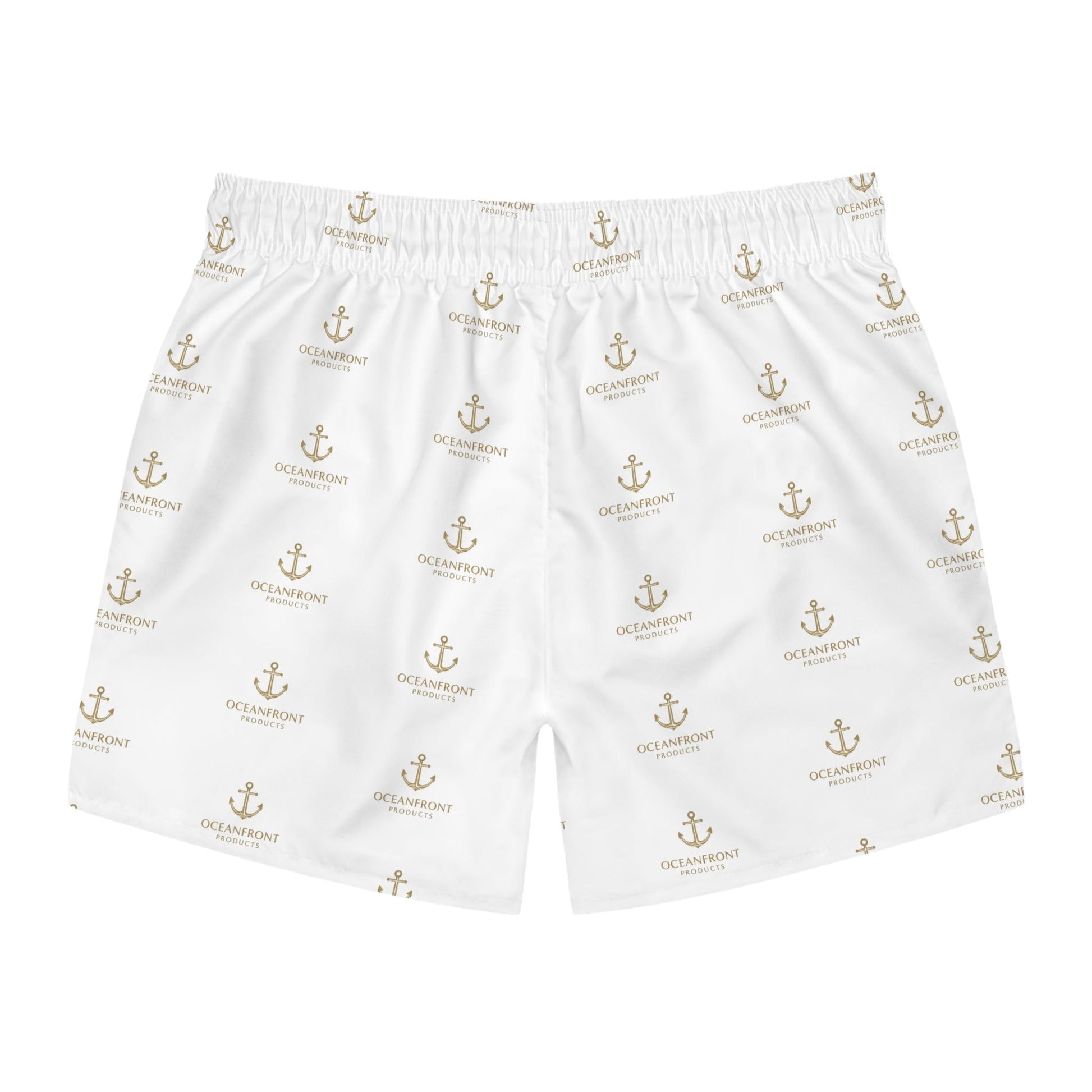 Nautical Anchor Print Swim Trunks – White All-Over Logo Pattern Printify