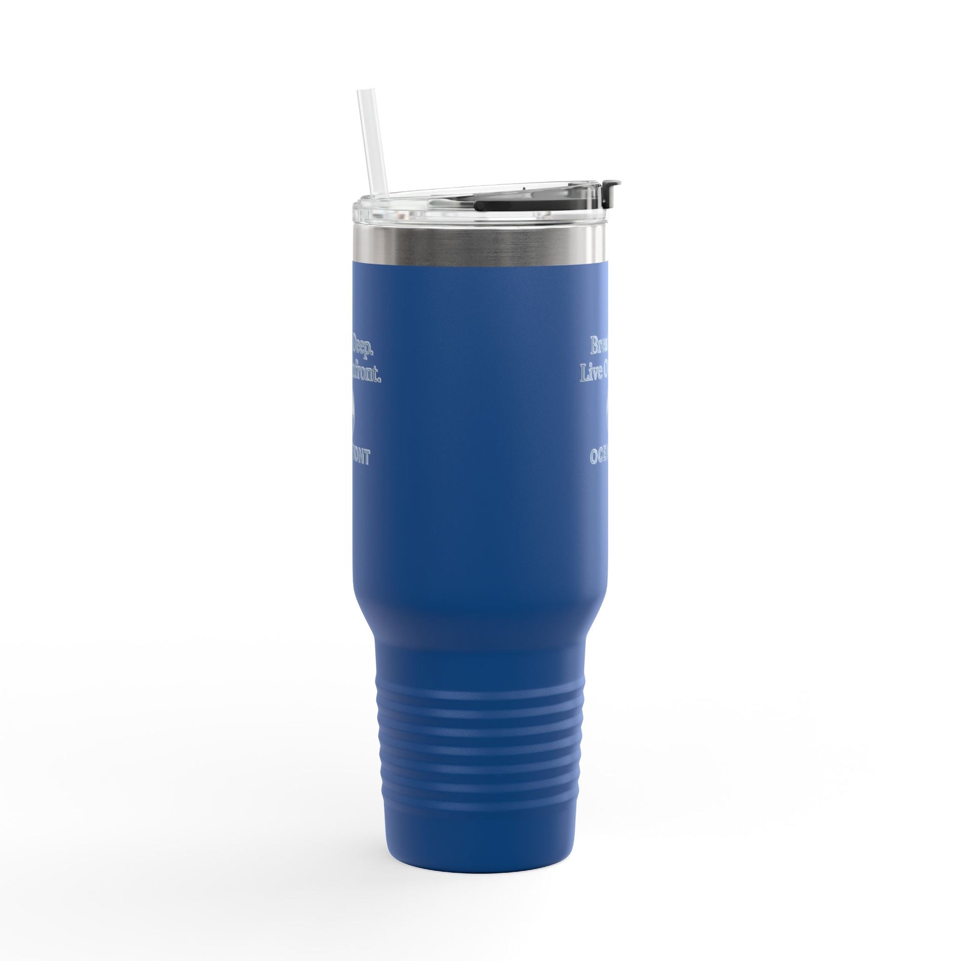 Oceanfront Insulated Travel Mug – “Breathe Deep. Live Oceanfront.” | Custom Name Option Printify