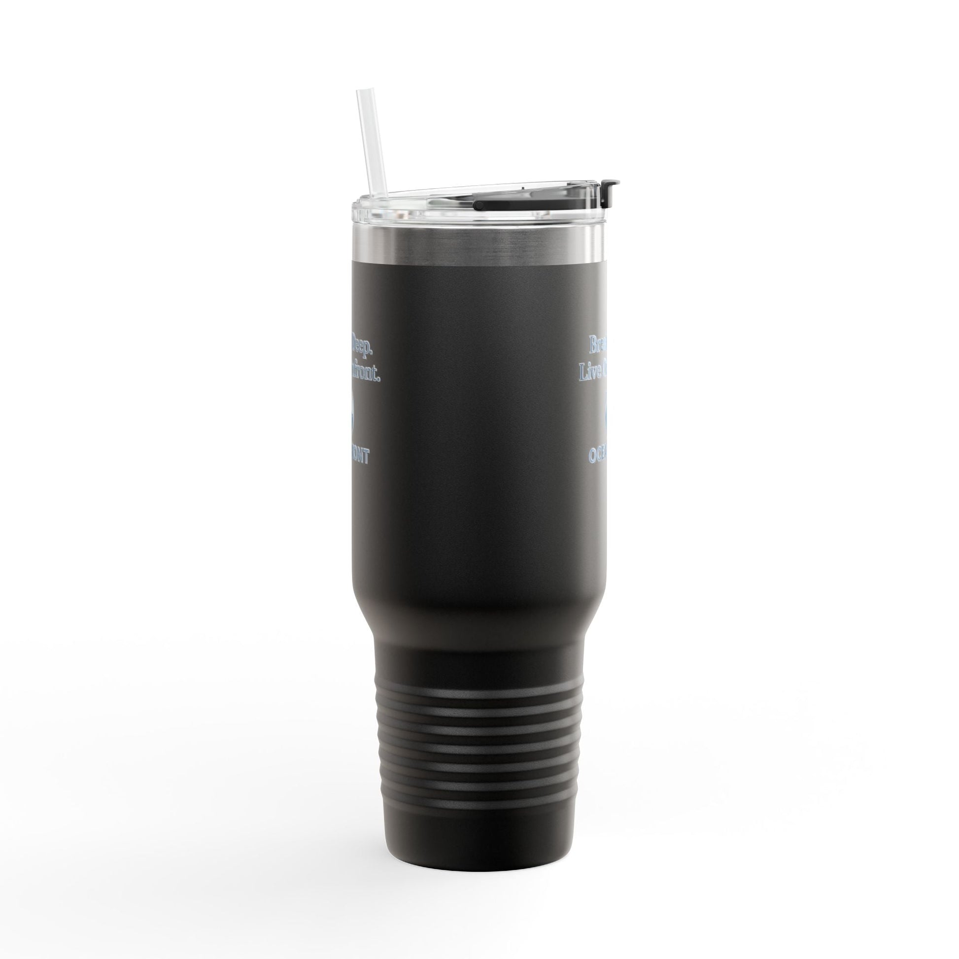 Oceanfront Insulated Travel Mug – “Breathe Deep. Live Oceanfront.” | Custom Name Option Printify