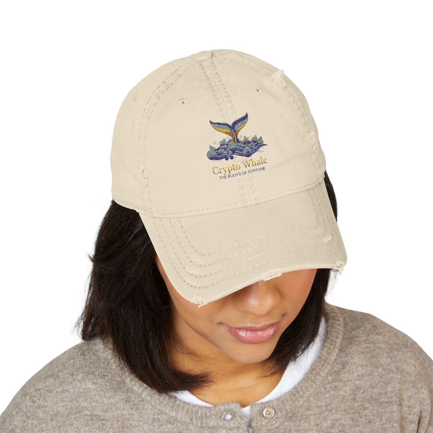 Distressed Embroidered Whale Tail Dad Hat — Coastal Casual Baseball Cap Printify