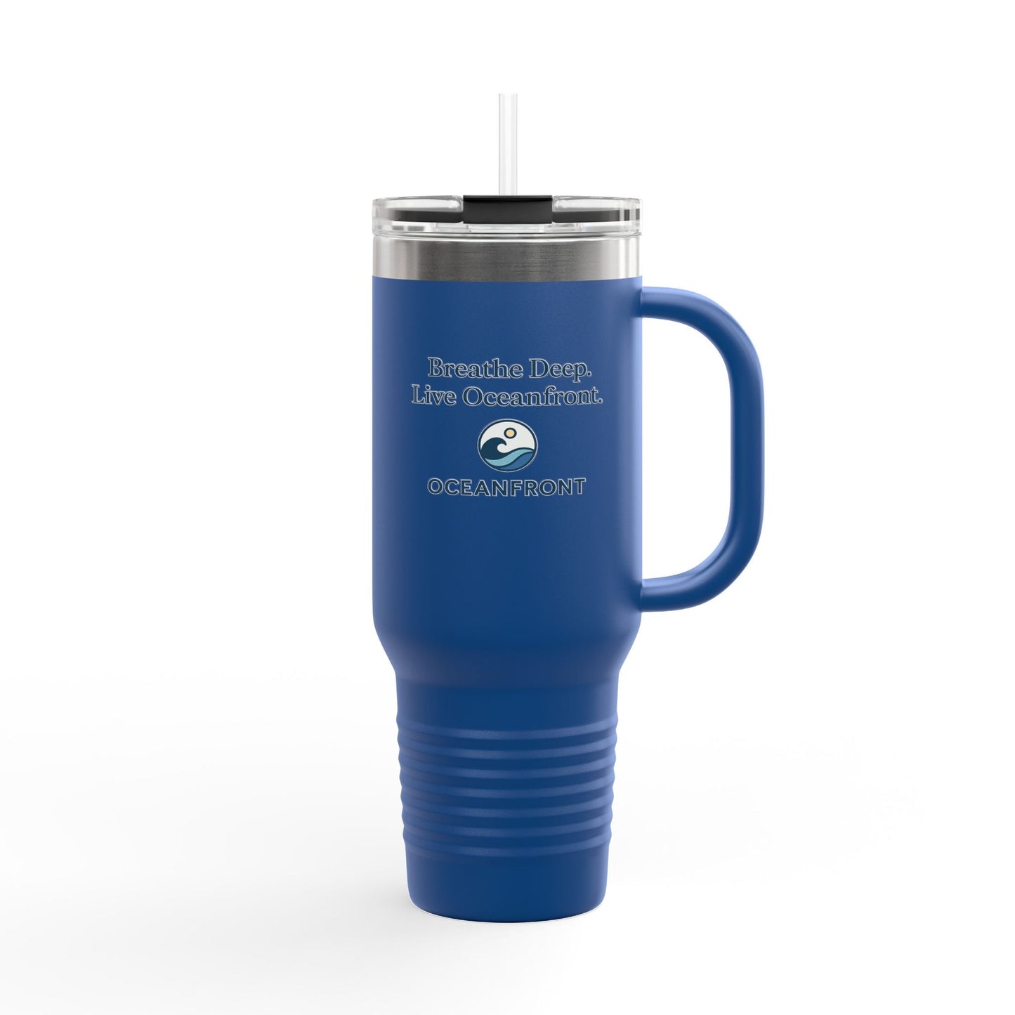 Oceanfront Insulated Travel Mug – “Breathe Deep. Live Oceanfront.” | Custom Name Option Printify