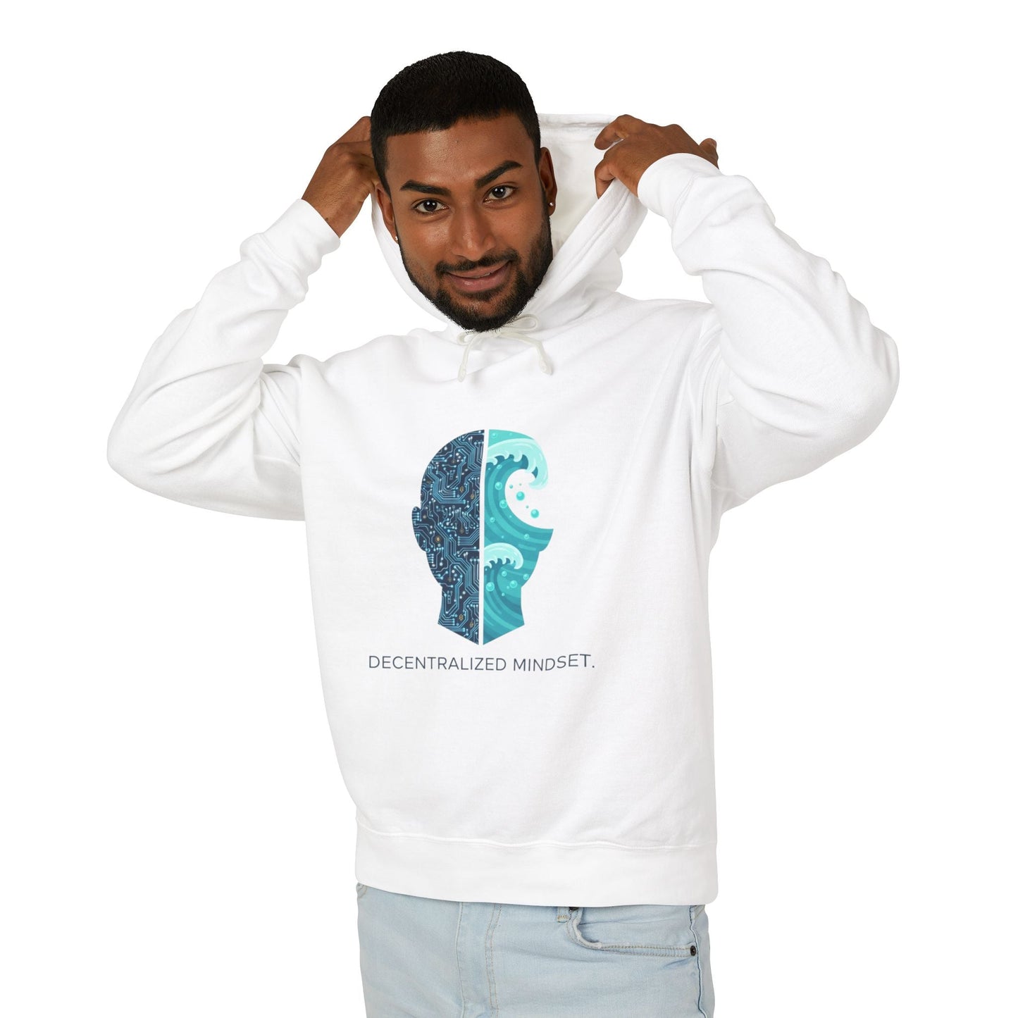 Decentralized Mindset Hoodie — Ocean Wave Split Face Graphic Hooded Sweatshirt Printify