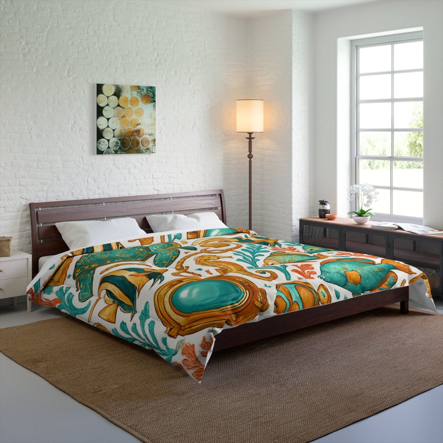 Undersea Coral Reef Comforter – Teal Turtle & Seahorse Bedding Printify